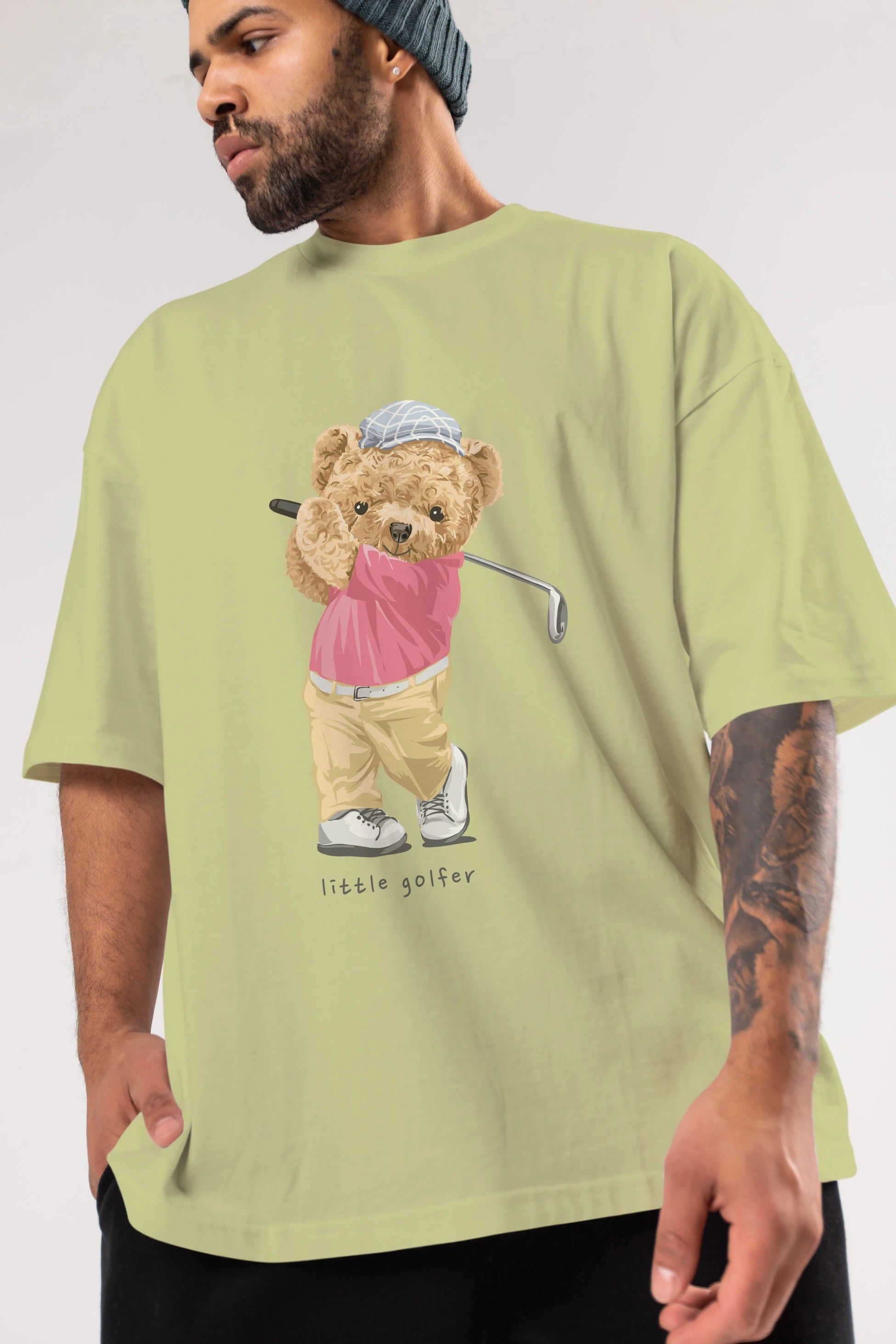 Teddy Bear Little Golfer Ön Baskılı Oversize t-shirt Erkek Kadın Unisex %100 Pamuk