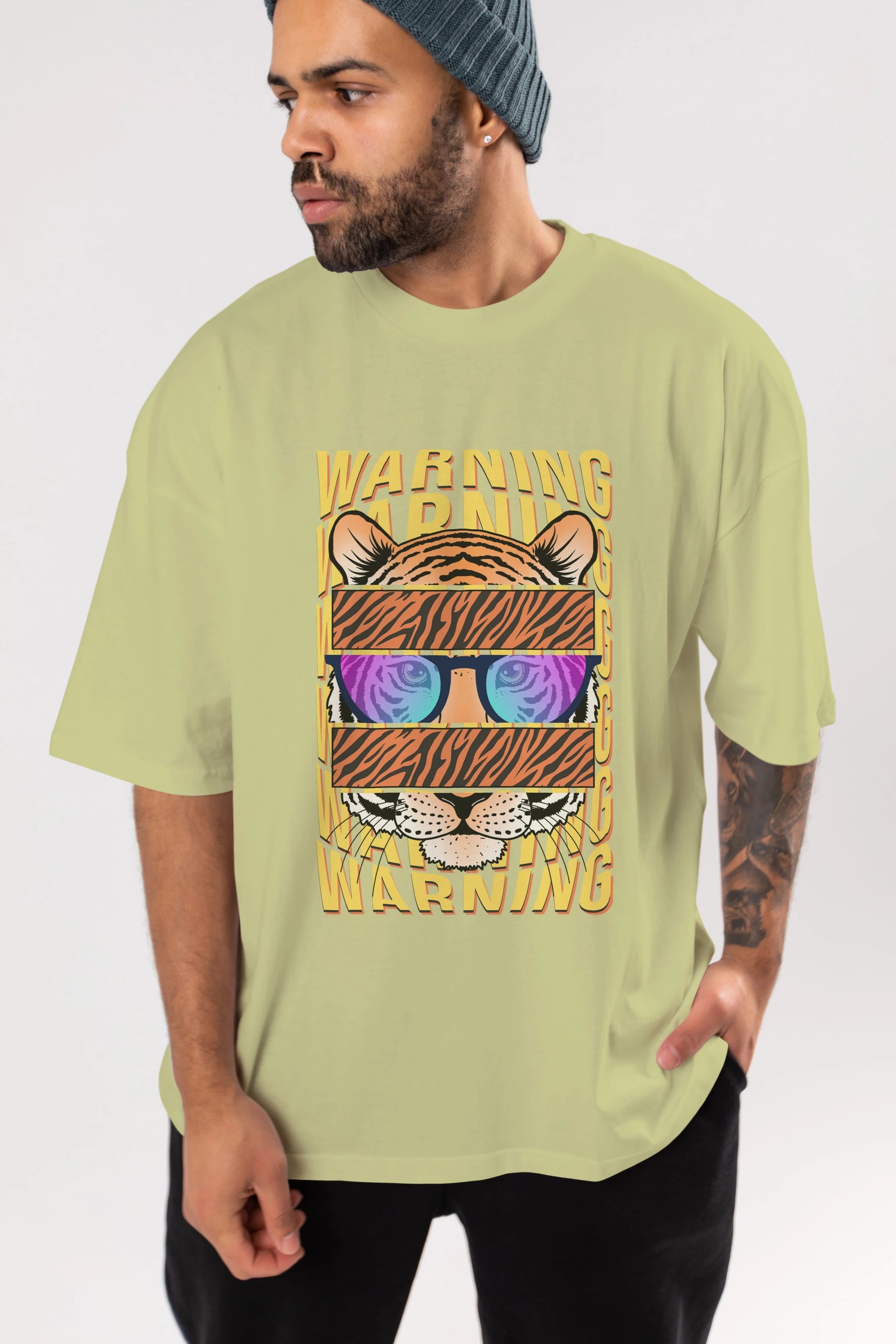 Warning Yazılı Ön Baskılı Oversize t-shirt Erkek Kadın Unisex
