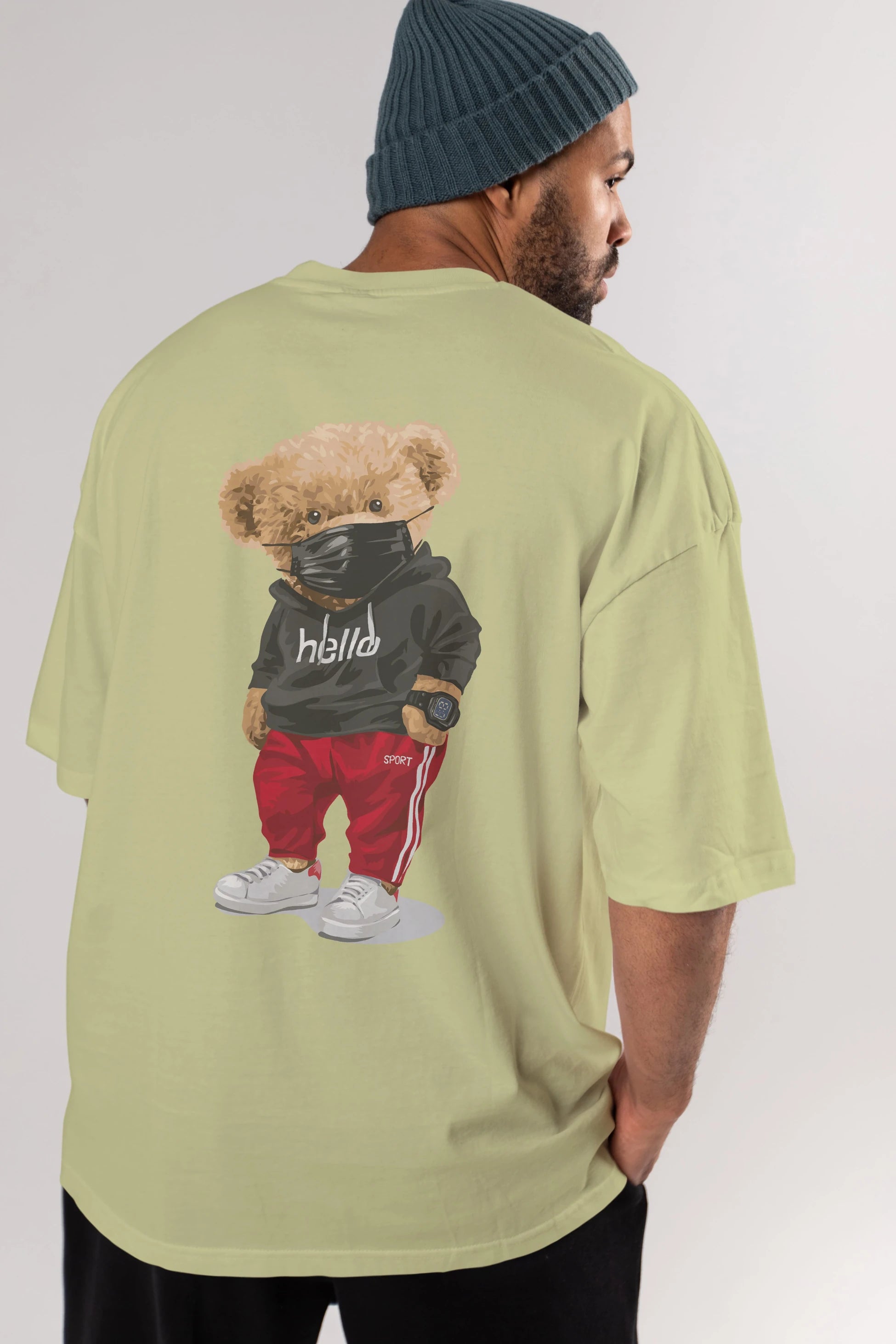 Teddy Bear Hello Sport Arka Baskılı Oversize t-shirt Erkek Kadın Unisex %100 Pamuk
