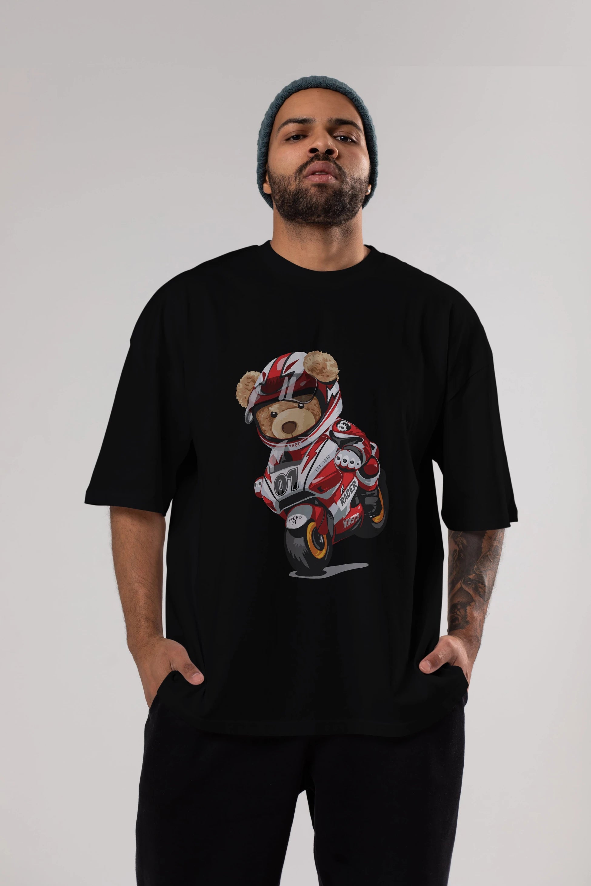 Teddy Bear Racer Ön Baskılı Oversize t-shirt Erkek Kadın Unisex %100 Pamuk