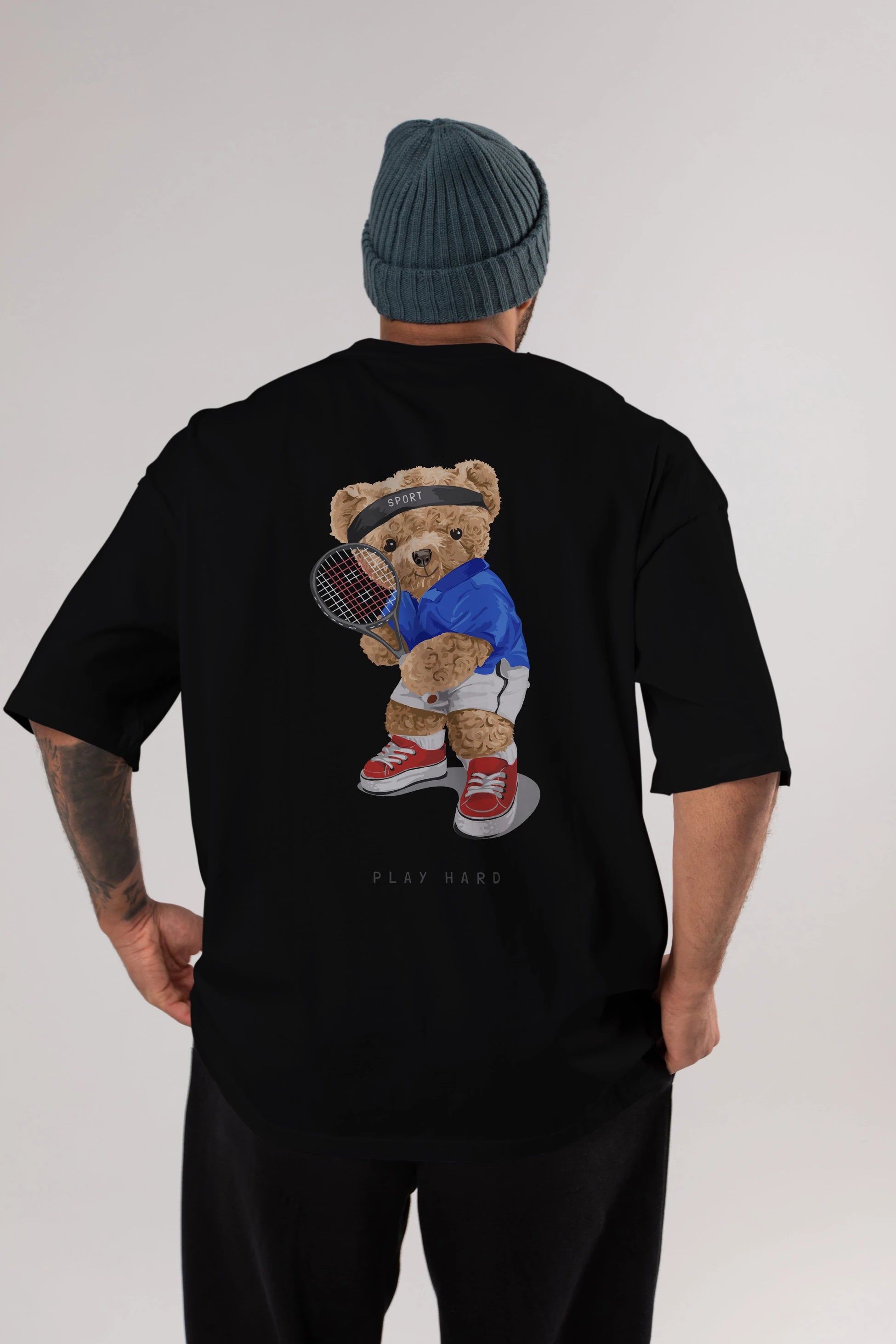 Teddy Bear Play Hard Arka Baskılı Oversize t-shirt Erkek Kadın Unisex %100 Pamuk