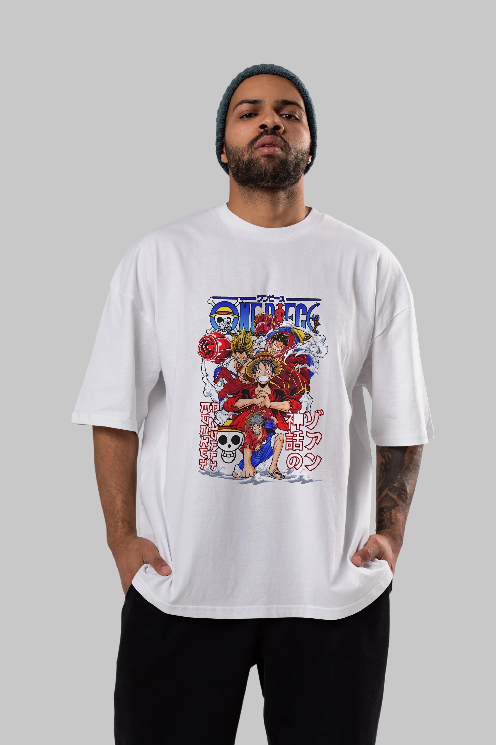 MONKEY D. LUFF-ONE PIECE 2 Anime Ön Baskılı Oversize t-shirt %100 pamuk Erkek Kadın Unisex