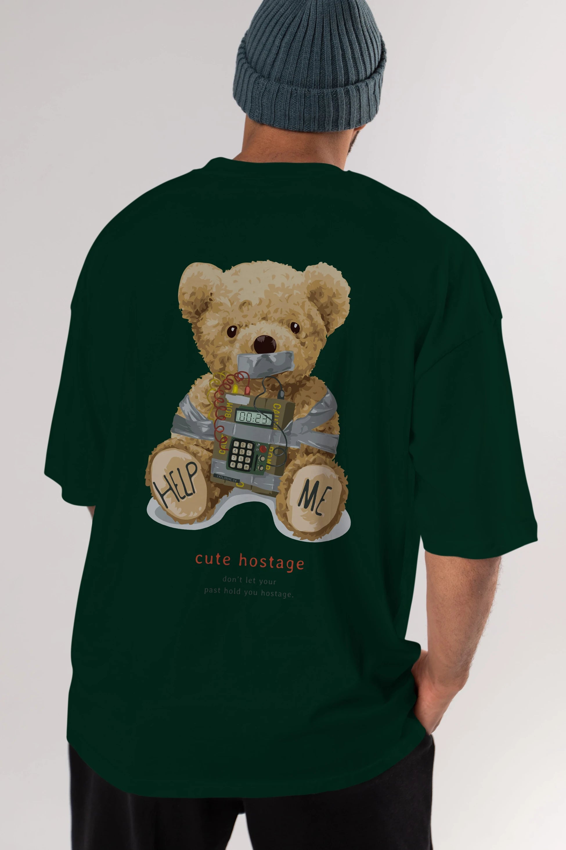 Teddy Bear Help Me Arka Baskılı Oversize t-shirt Erkek Kadın Unisex %100 Pamuk