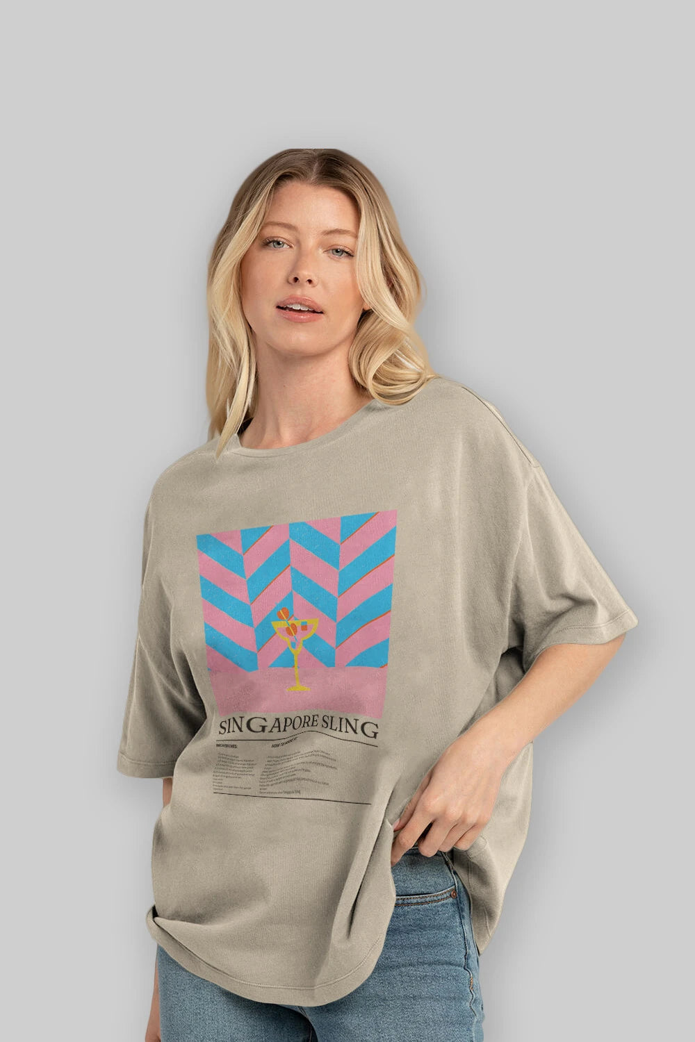 Sıngapore Sling Kokteyl Ön Baskılı Oversize t-shirt Erkek Kadın %100 Pamuk Bisiklet Yaka tişort