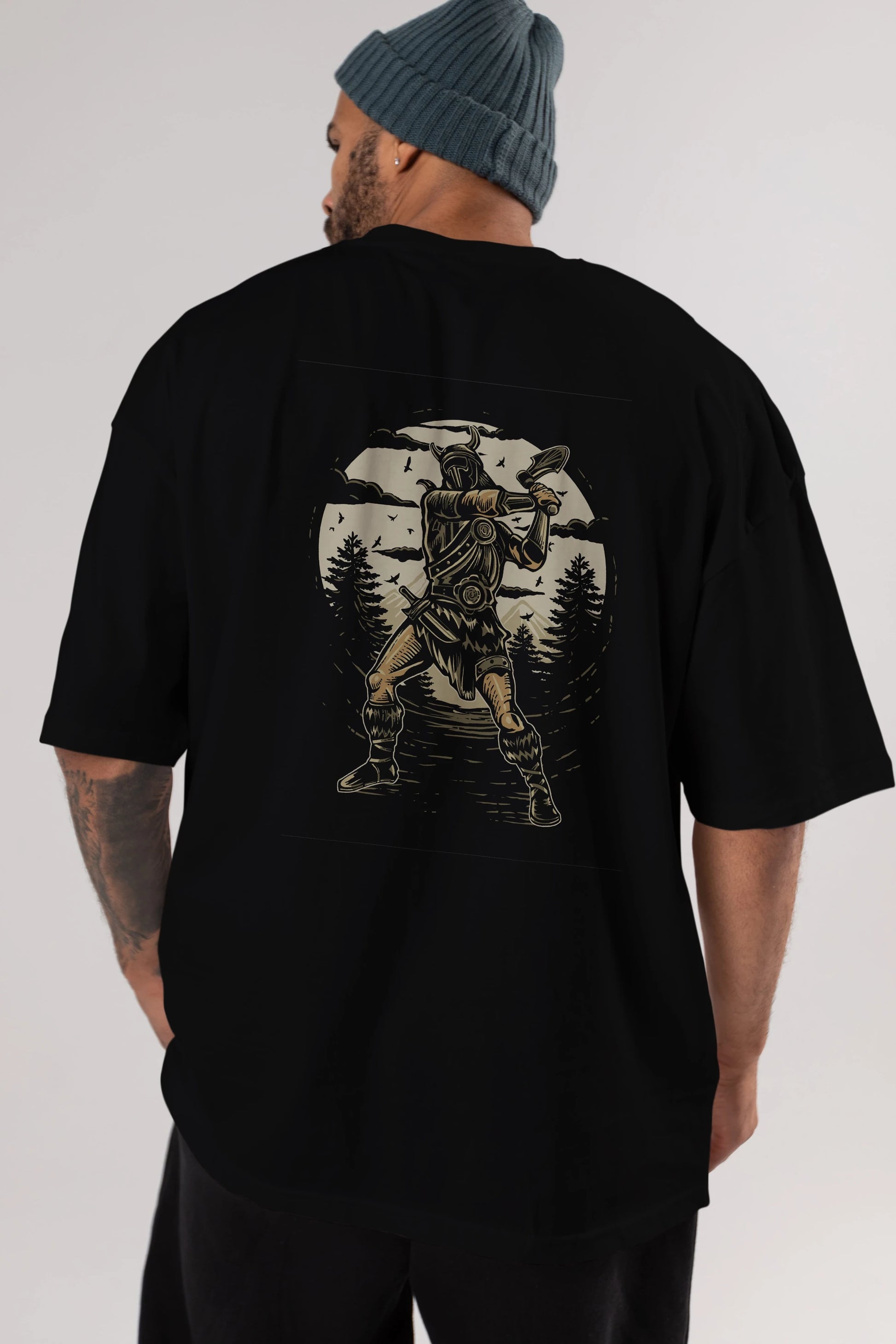 Viking Arka Baskılı Oversize t-shirt Erkek Kadın Unisex %100 Pamuk