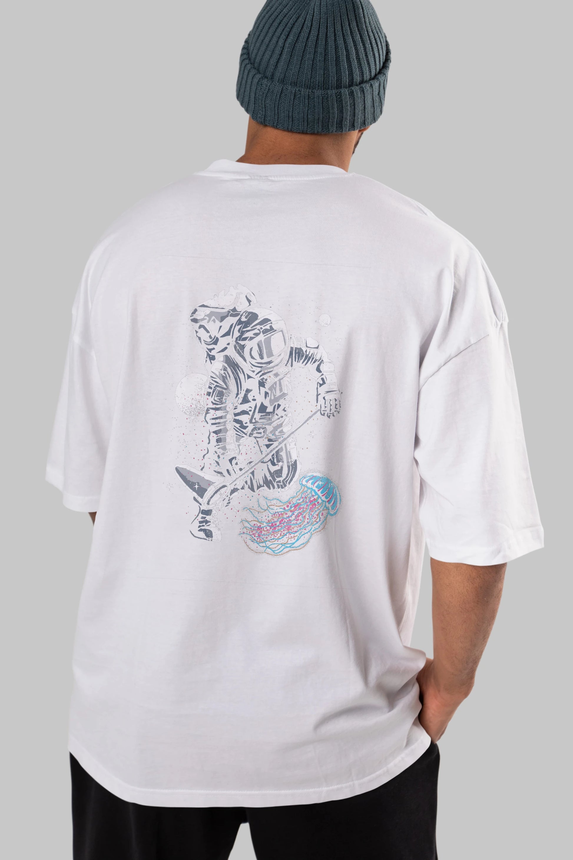 Astronaut Jellyfish Arka Baskılı Oversize t-shirt Erkek Kadın Unisex %100 Pamuk