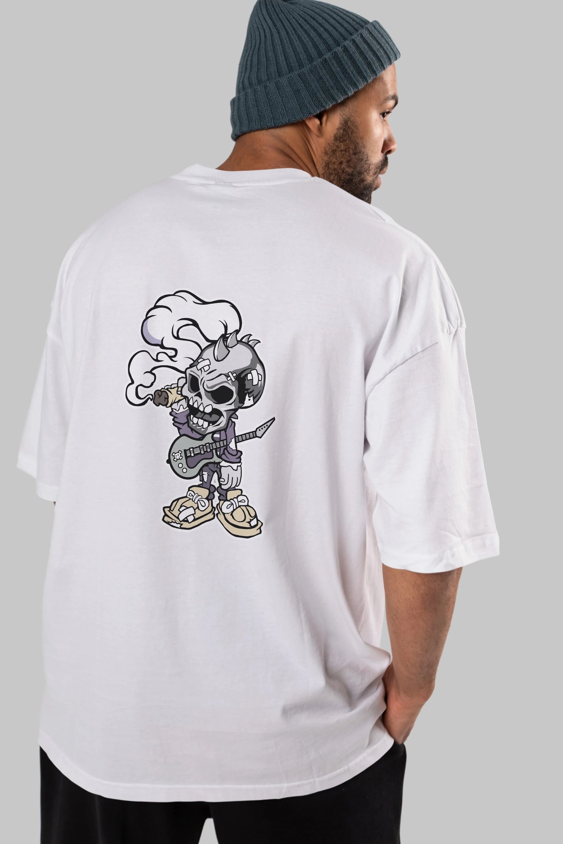 Skull Smoker Punk Rocker Arka Baskılı Oversize t-shirt Erkek Kadın Unisex %100 Pamuk tişort