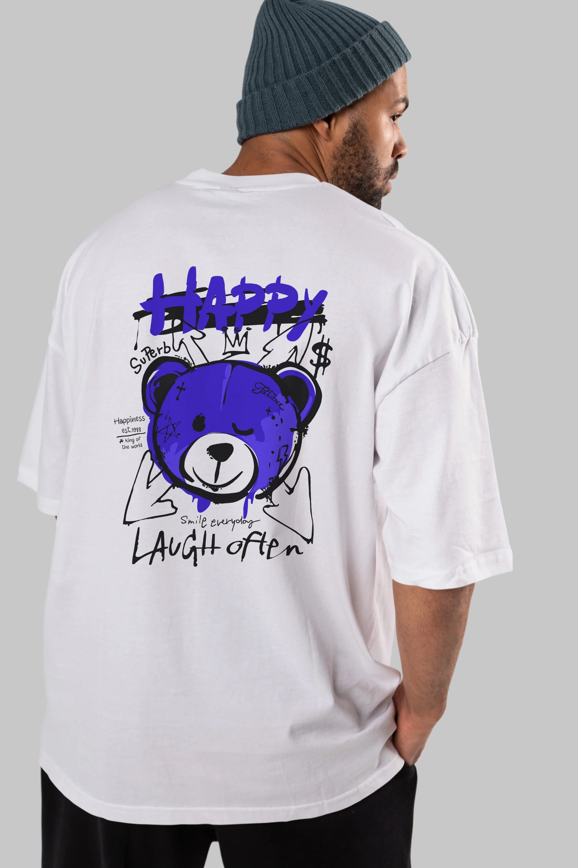 Happy Bear Arka Baskılı Oversize t-shirt Erkek Kadın Unisex