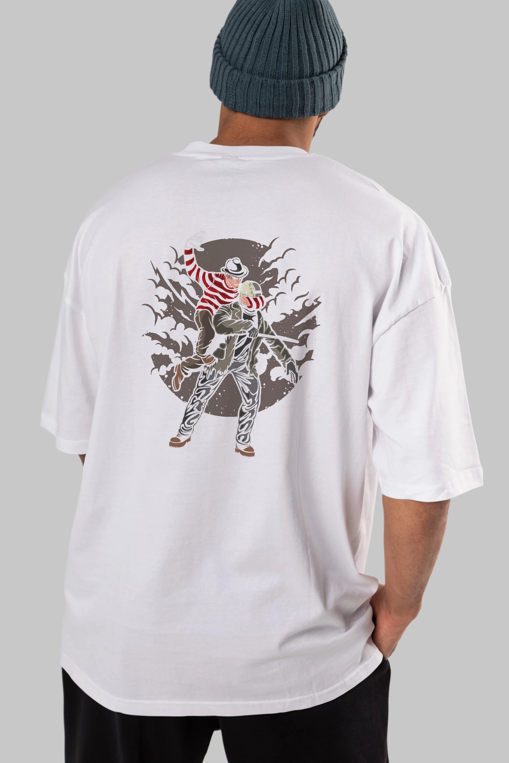 FREDDY VS JASON Arka Baskılı Oversize t-shirt Erkek Kadın Unisex %100 Pamuk