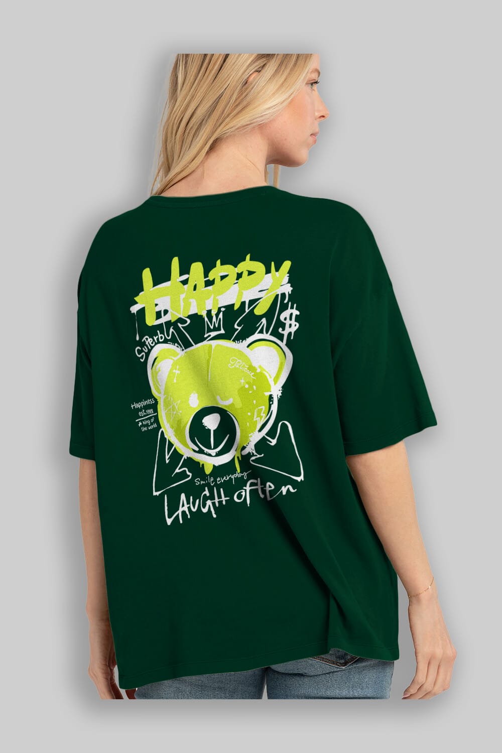 Happy Bear Arka Baskılı Oversize t-shirt Erkek Kadın Unisex