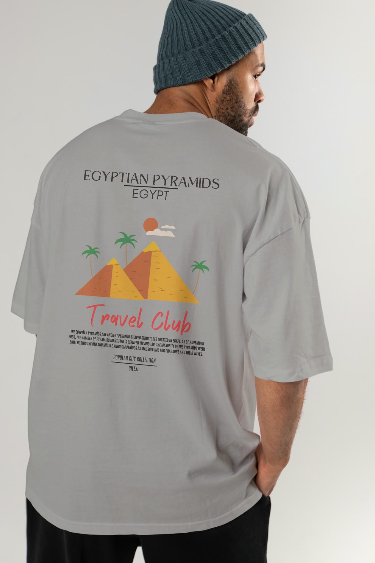 Egyptian Pyramids Egypt Arka Baskılı Oversize t-shirt Erkek Kadın Pamuk Bisiklet Yaka tişort