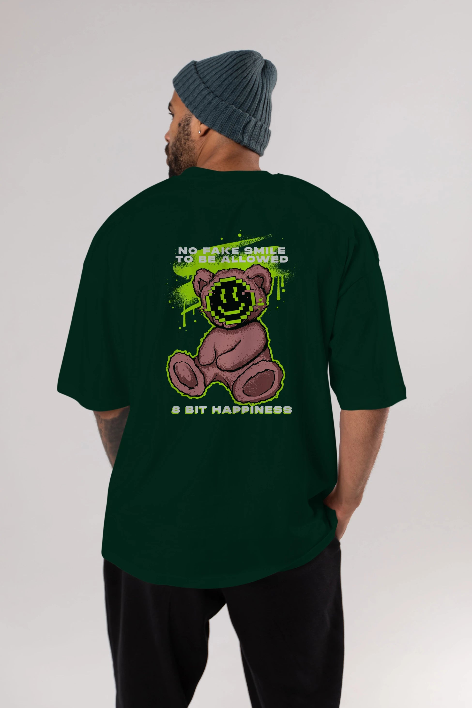 No Fake Smile Bear Arka Baskılı Oversize t-shirt Erkek Kadın Unisex