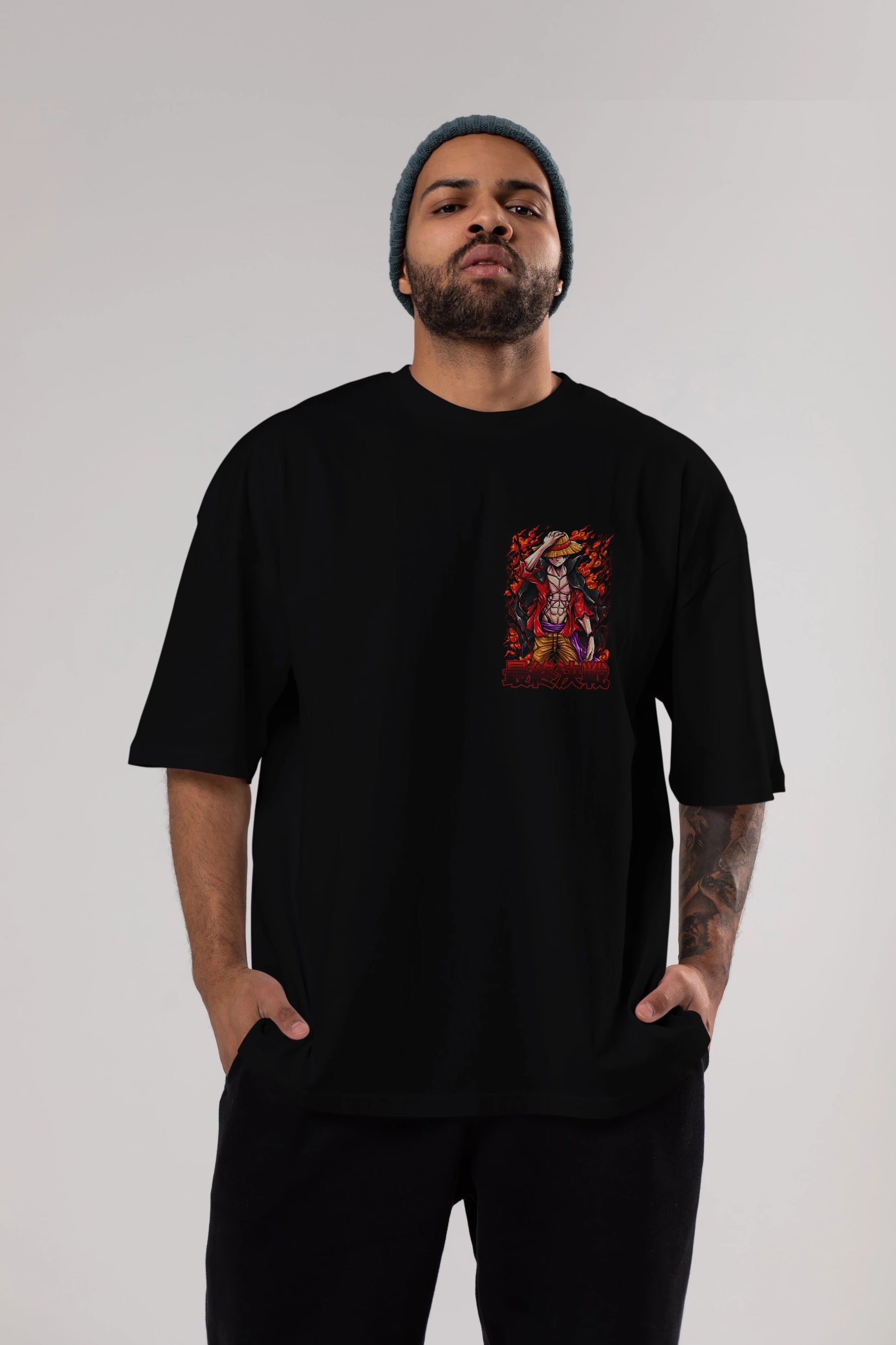 MONKEY D. LUFFY (3) Ön Sol Baskılı Oversize t-shirt Erkek Kadın Unisex %100 Pamuk Bisiklet Yaka tişort