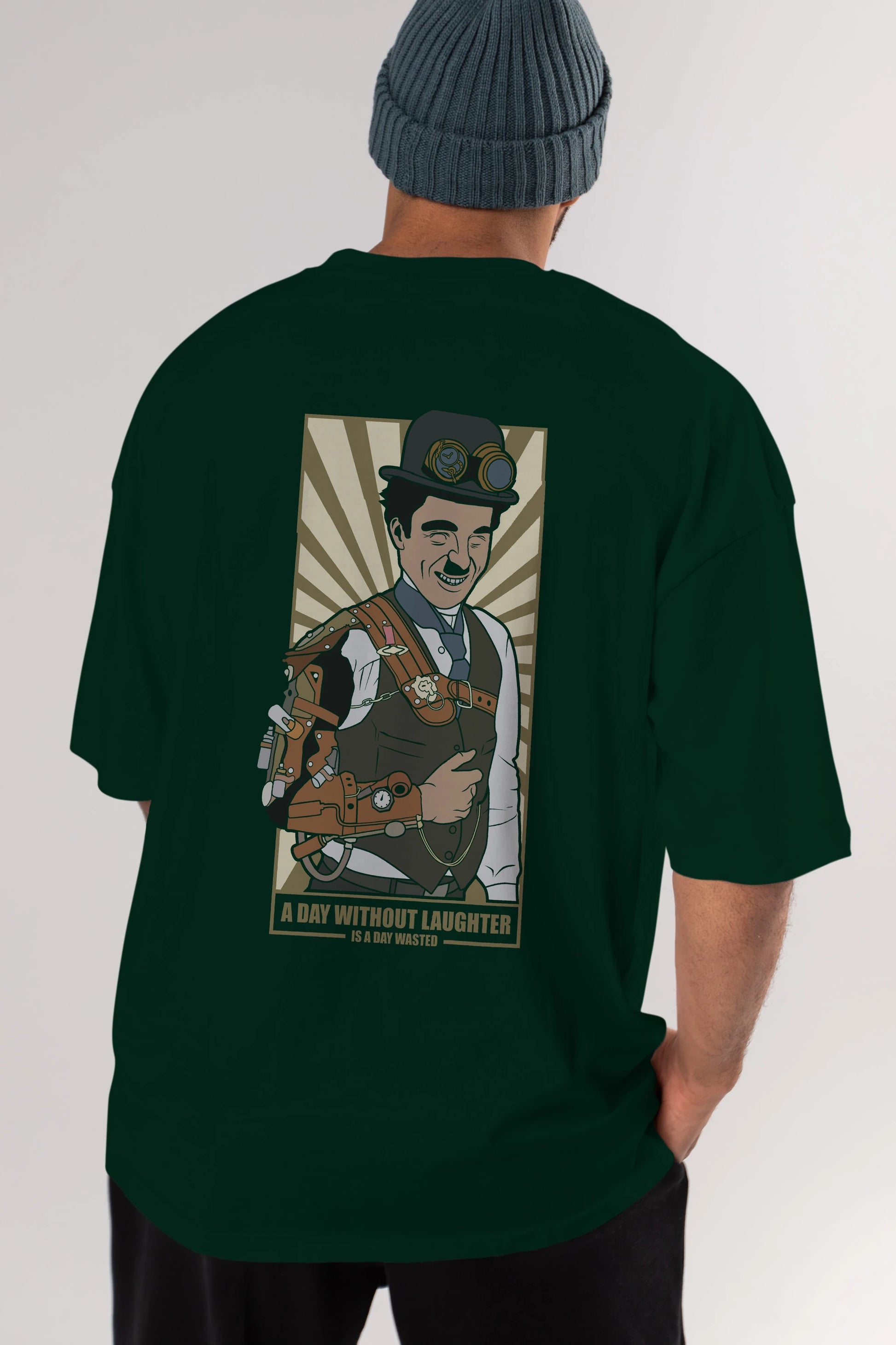 Steampunk Chaplin Arka Baskılı Oversize t-shirt Erkek Kadın Unisex %100 Pamuk tişort