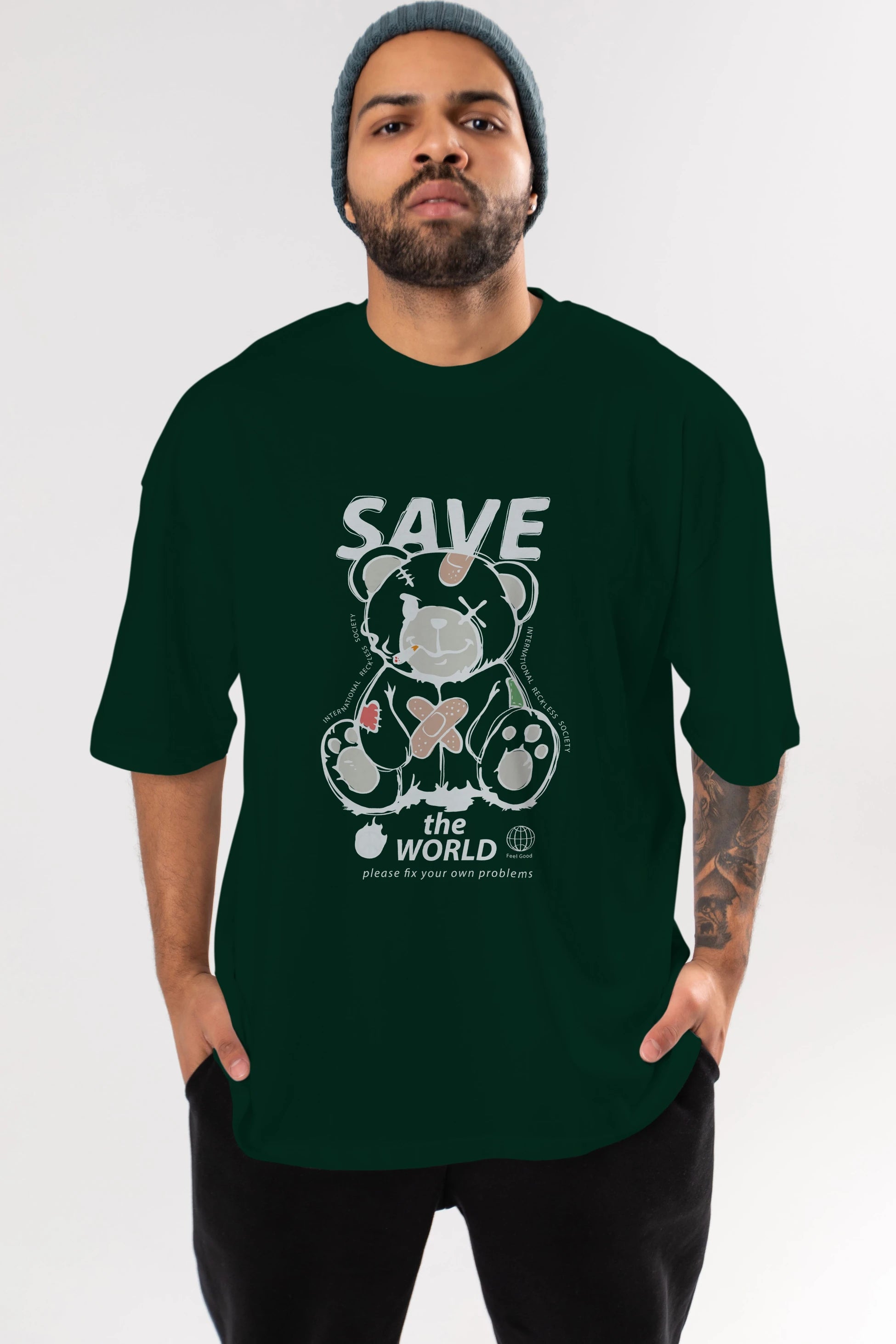 Save the World Bear Ön Baskılı Oversize t-shirt Erkek Kadın Unisex