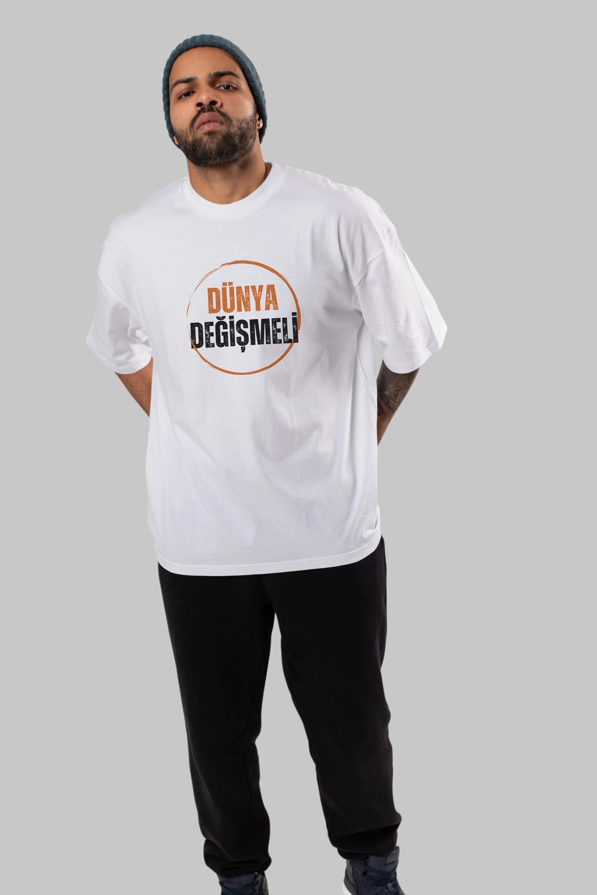 Dünya Değişmeli Yazılı Ön Baskılı Oversize t-shirt Erkek Kadın Unisex