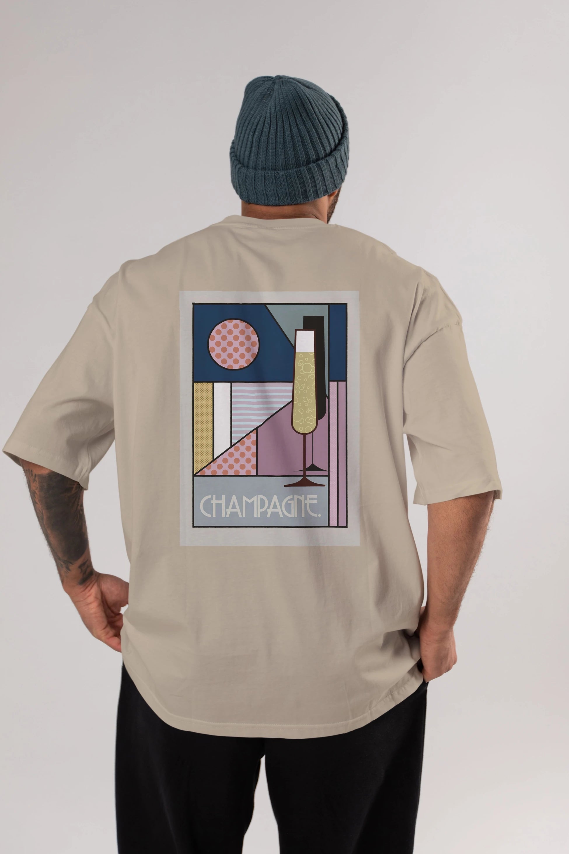 Champagne Arka Baskılı Oversize t-shirt Erkek Kadın Unisex %100 Pamuk Bisiklet Yaka tişort