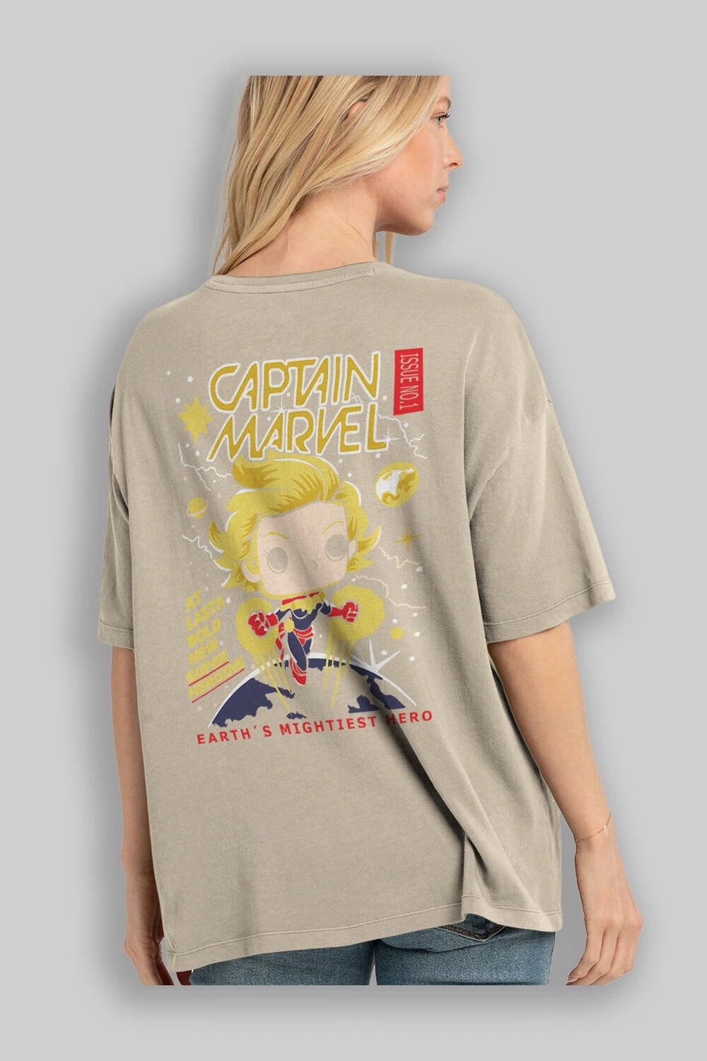 Captain Marvel Arka Baskılı Oversize t-shirt Erkek Kadın Unisex %100 Pamuk Bisiklet Yaka tişort