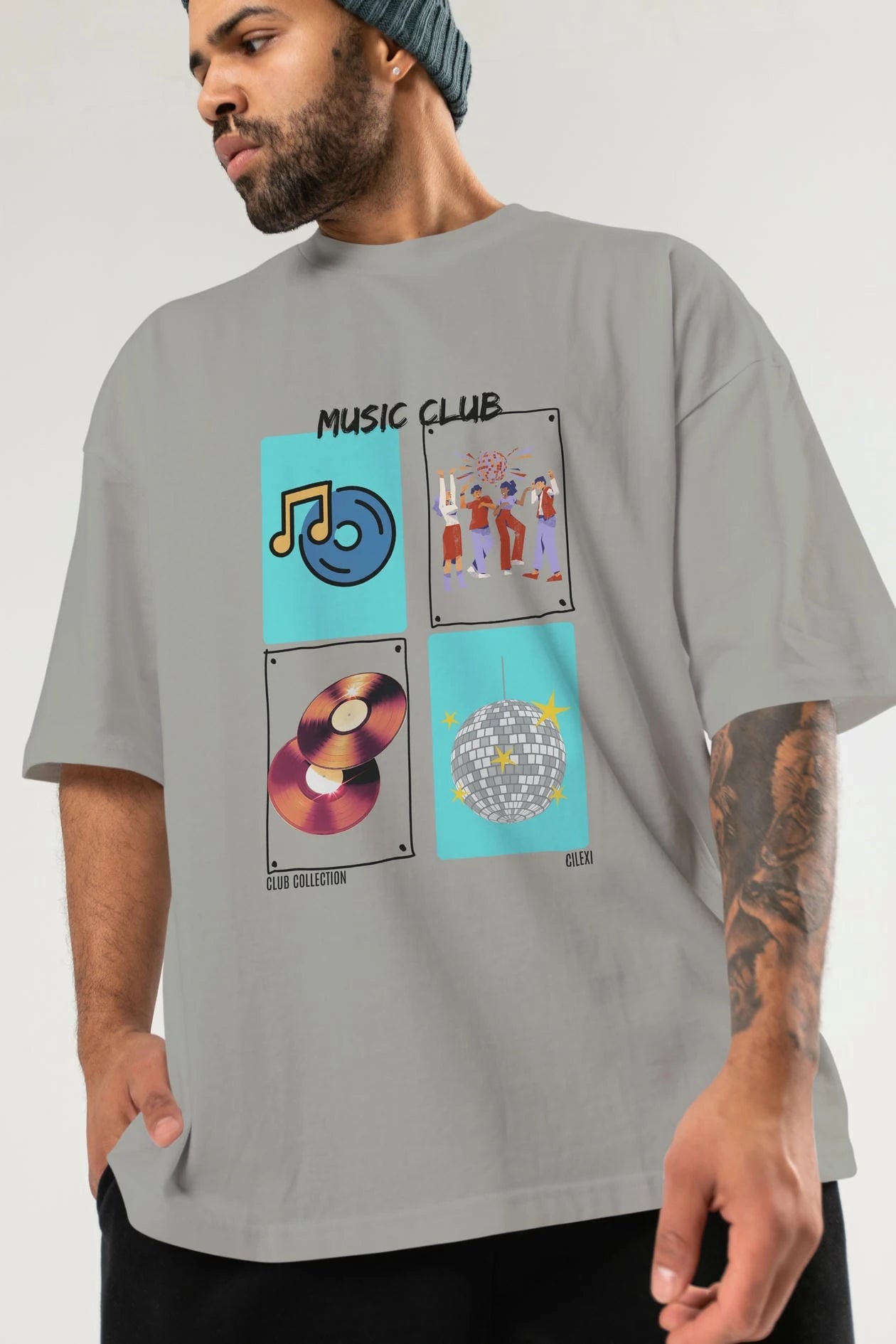Music Club ön Baskılı Oversize t-shirt Erkek Kadın %100 Pamuk Bisiklet Yaka tişort