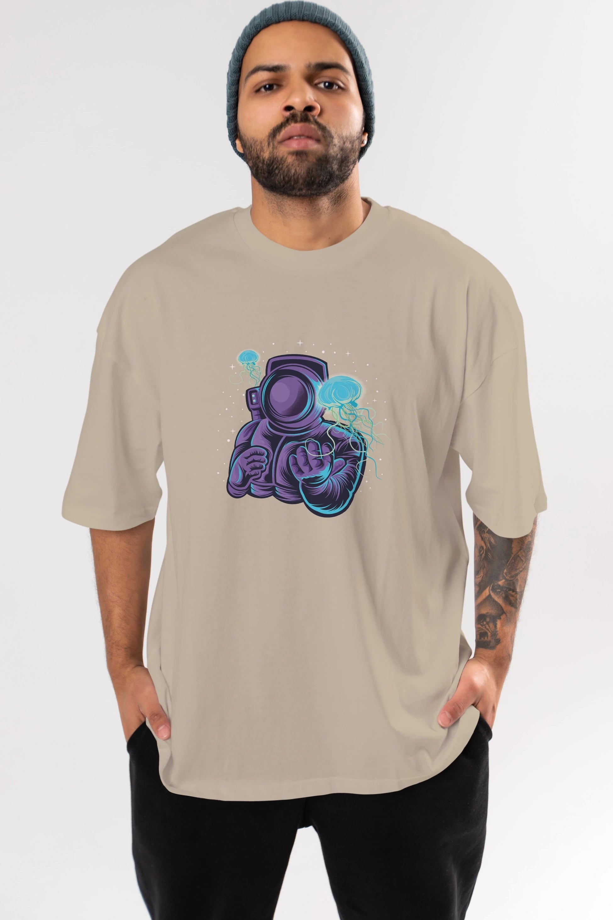 Astronaut and Jellyfish Ön Baskılı Oversize t-shirt Erkek Kadın Unisex