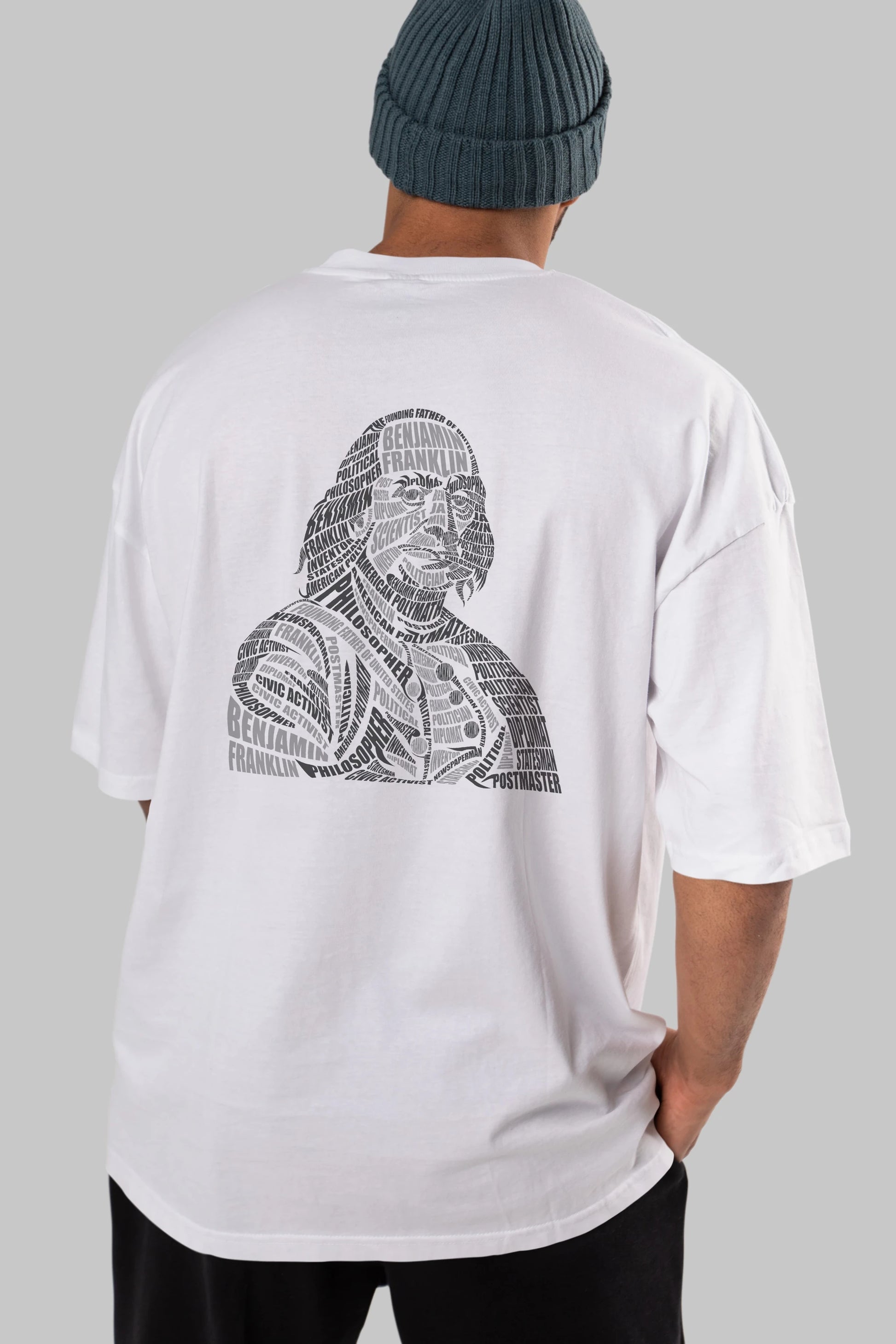 Benjamin Franklin Calligram Arka Baskılı Oversize t-shirt %100 pamuk Erkek Kadın Unisex