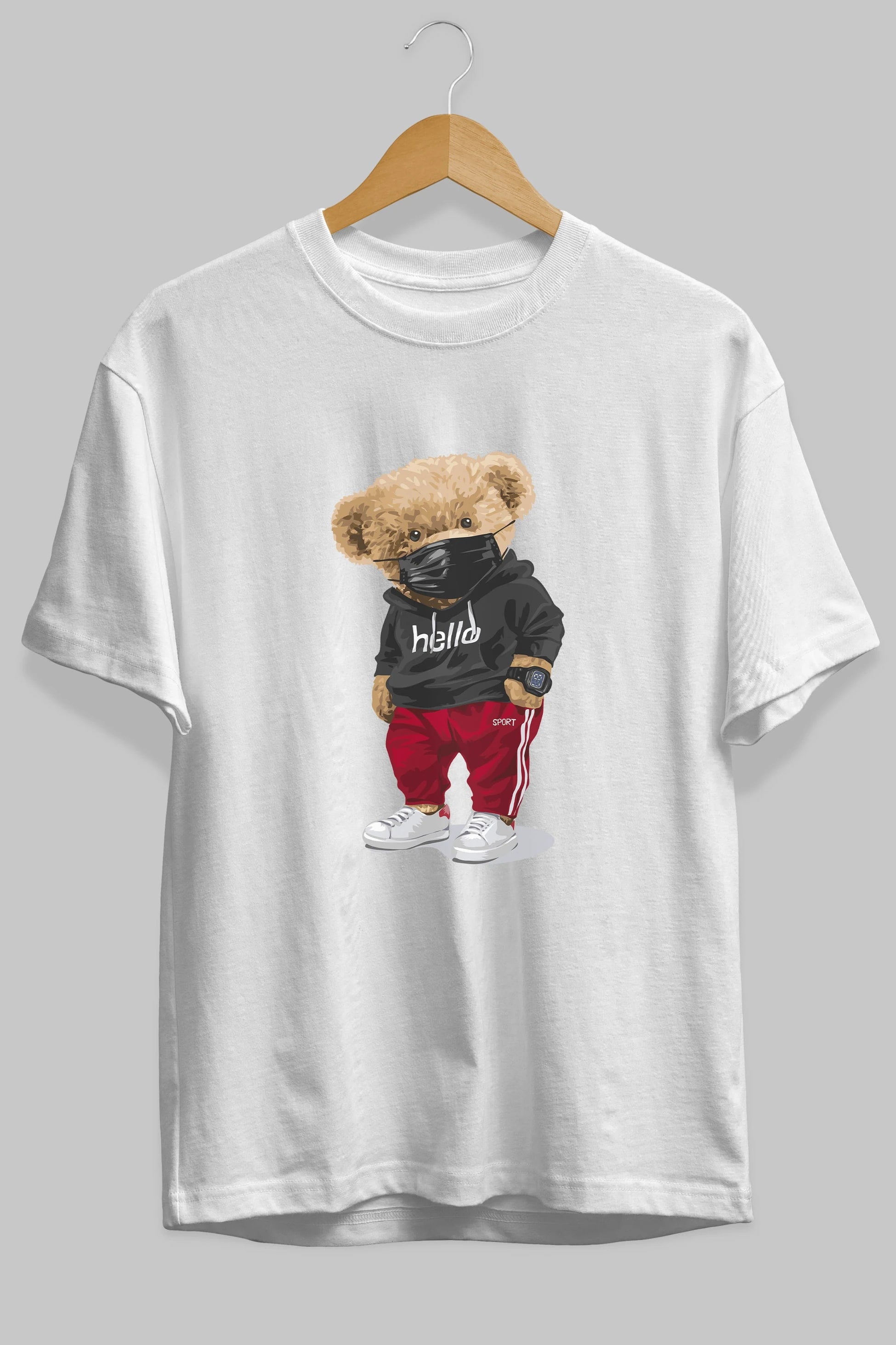 Teddy Bear Hello Sport Ön Baskılı Oversize t-shirt Erkek Kadın Unisex %100 Pamuk