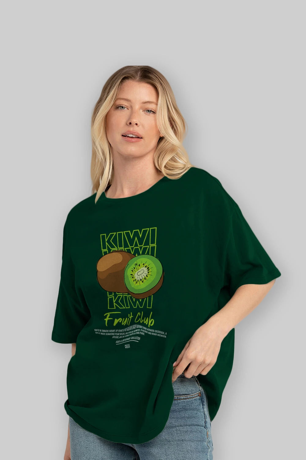 Kiwi Ön Baskılı Oversize t-shirt Erkek Kadın Pamuk Bisiklet Yaka tişort