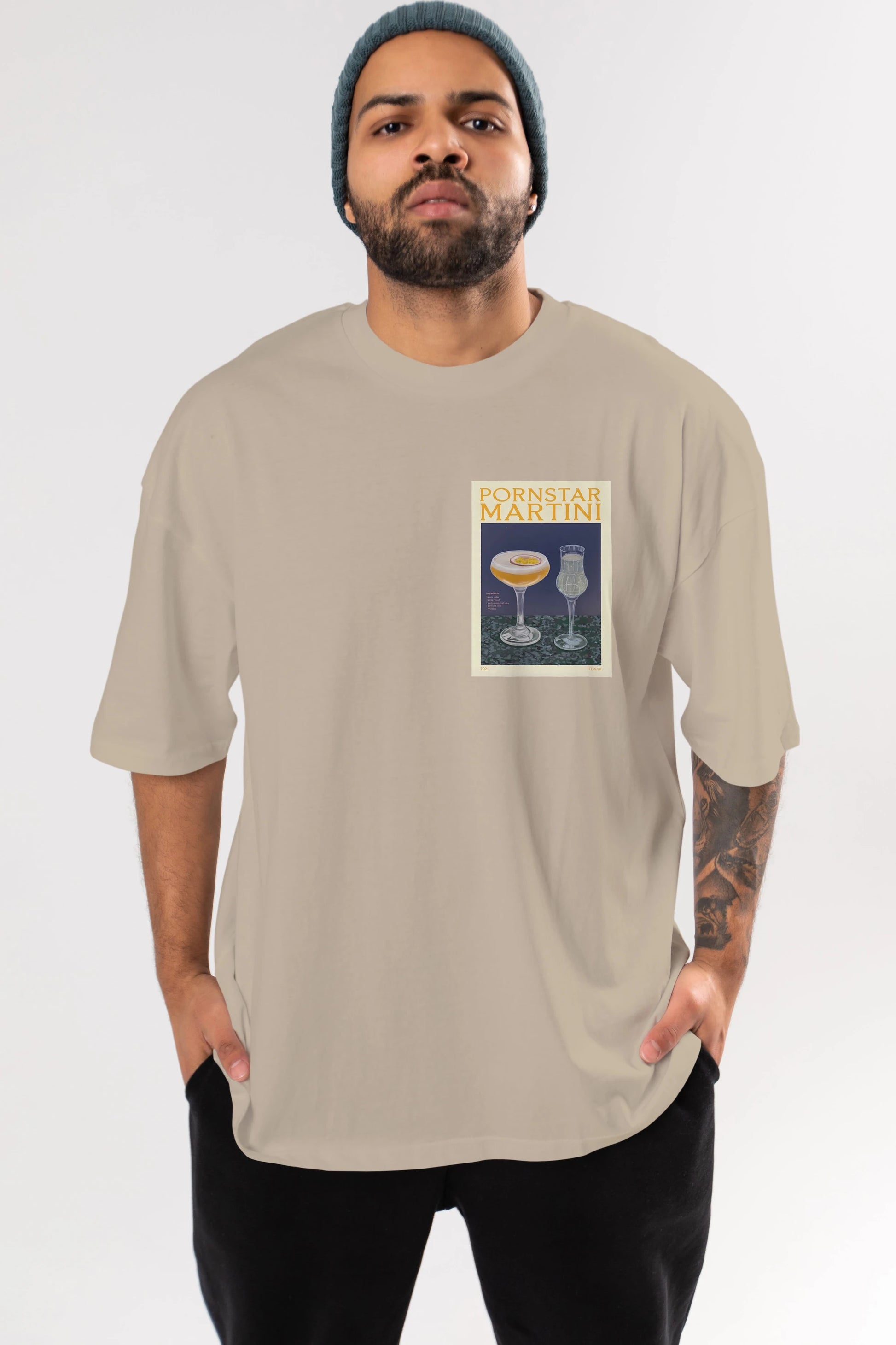 P.rnstar Martini Ön Sol Baskılı Oversize t-shirt Erkek Kadın Unisex %100 Pamuk Bisiklet Yaka tişort
