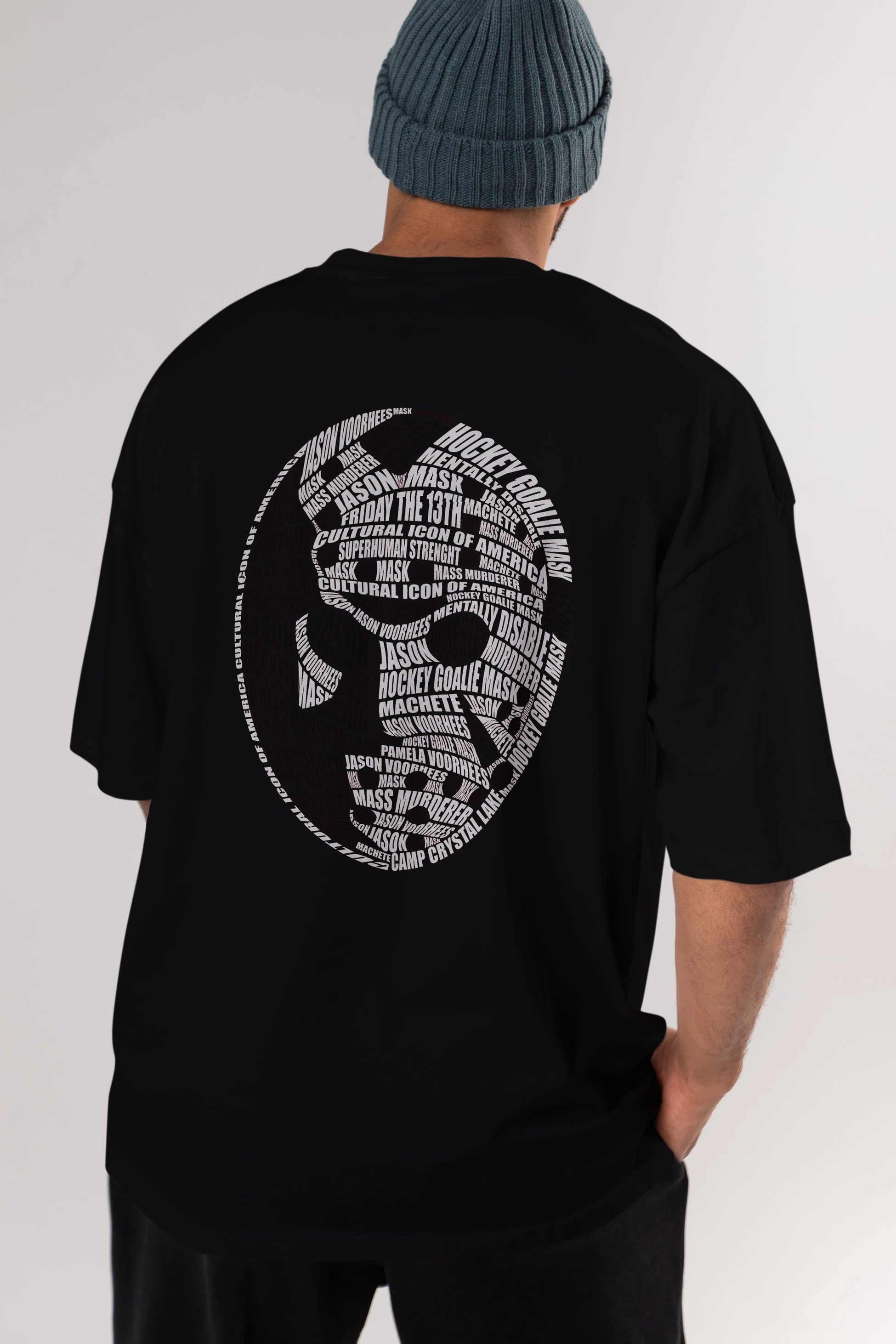 Jason Voorhees Calligram Arka Baskılı Oversize t-shirt %100 pamuk Erkek Kadın Unisex