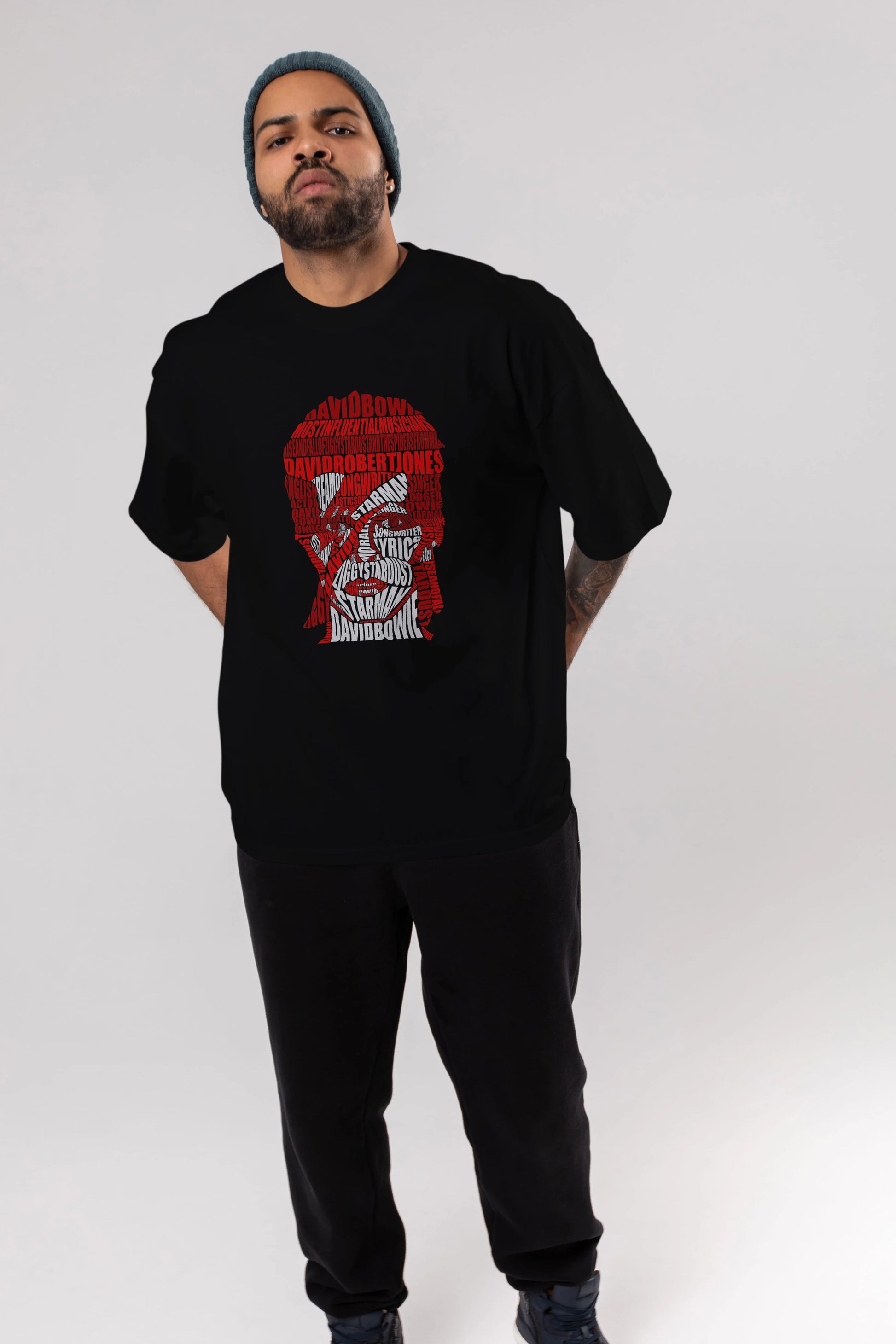 David Bowie Calligram Ön Baskılı Oversize t-shirt %100 pamuk Erkek Kadın Unisex