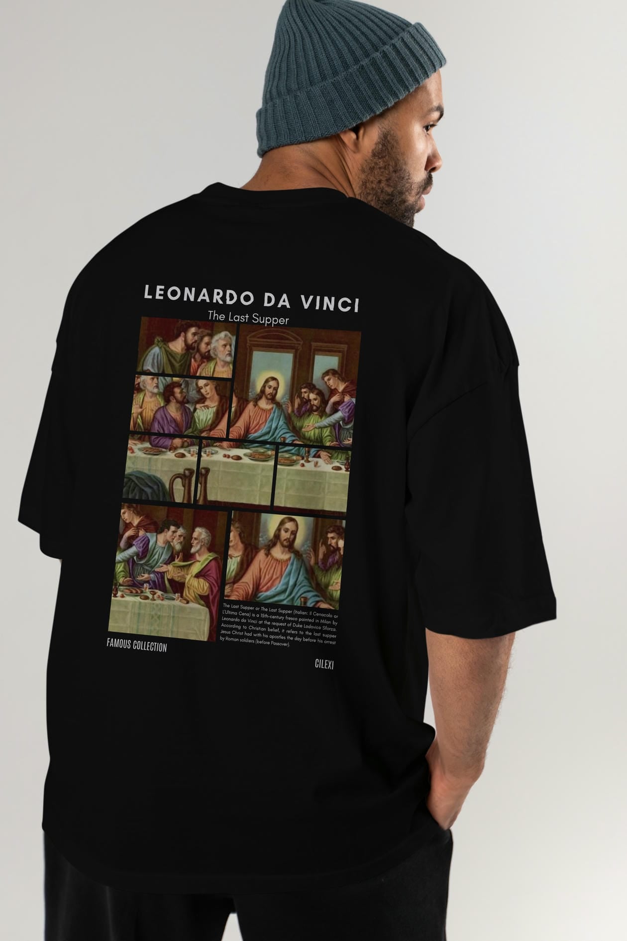 Leonardo Da Vinci Arka Baskılı Oversize t-shirt Erkek Kadın Bisiklet Yaka Pamuk tişort