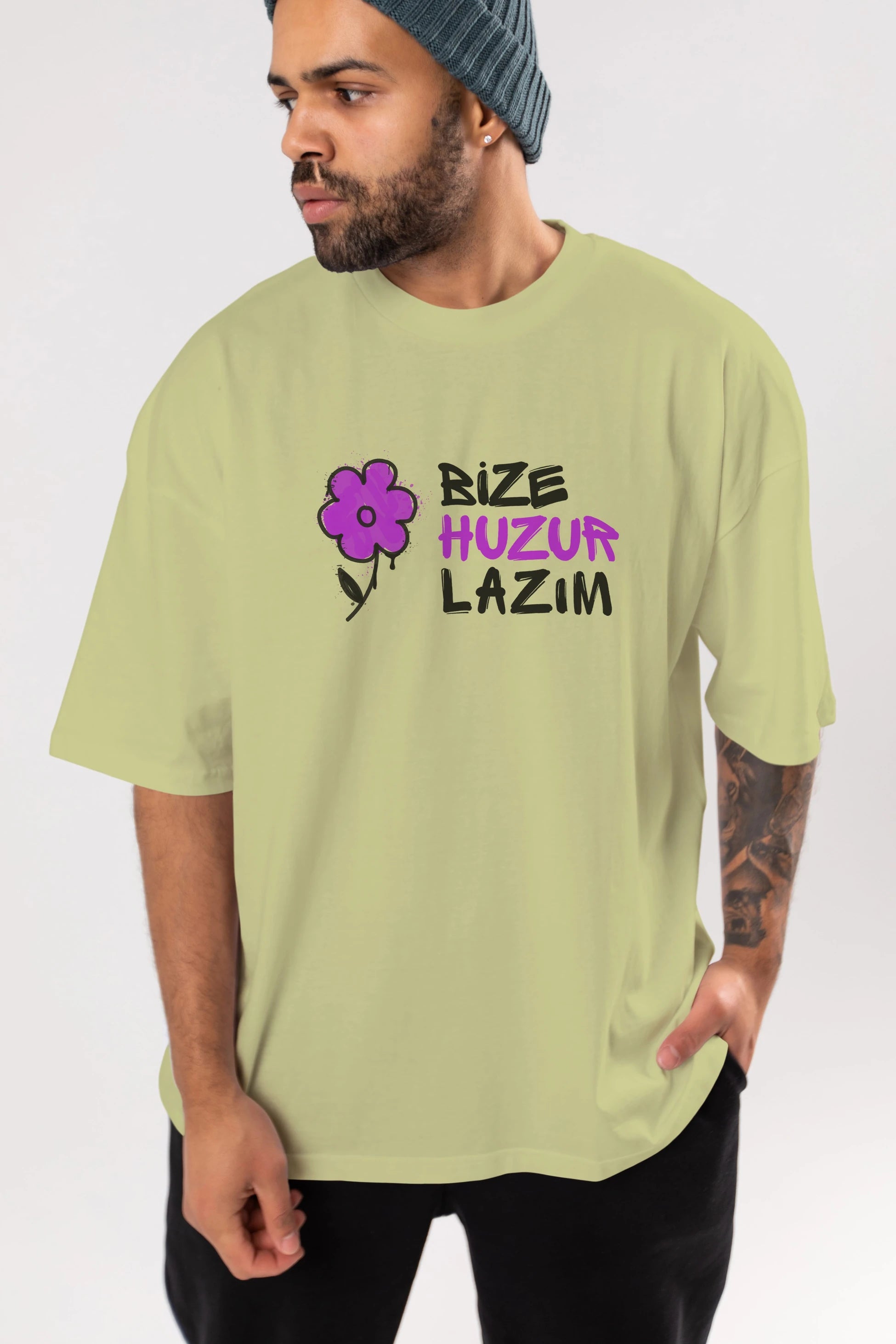 Bize Huzur Lazım Ön Baskılı Oversize t-shirt Erkek Kadın Unisex