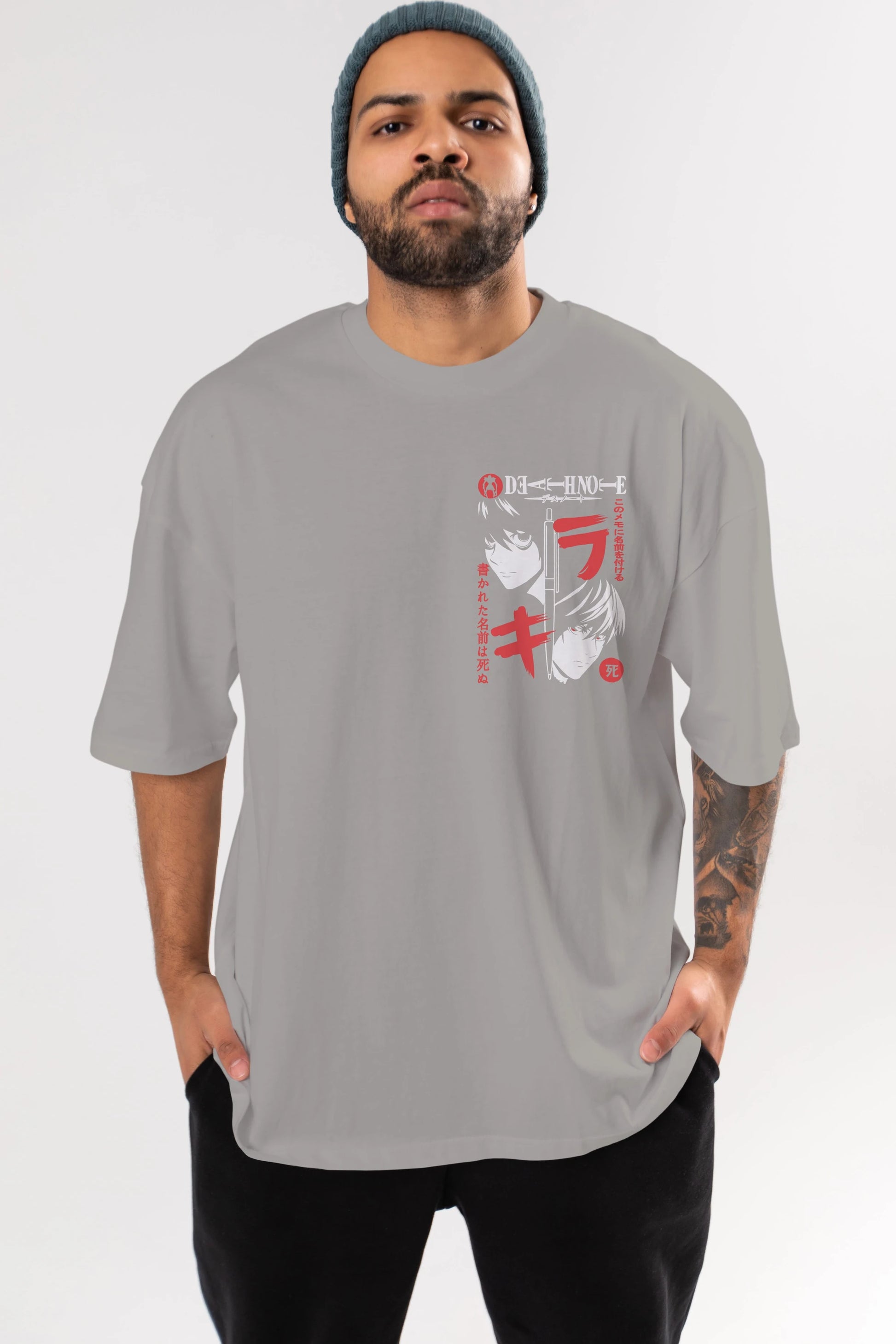 DEATHNOTE L vs KIRA Ön Sol Baskılı Oversize t-shirt Erkek Kadın Unisex %100 Pamuk Bisiklet Yaka tişort