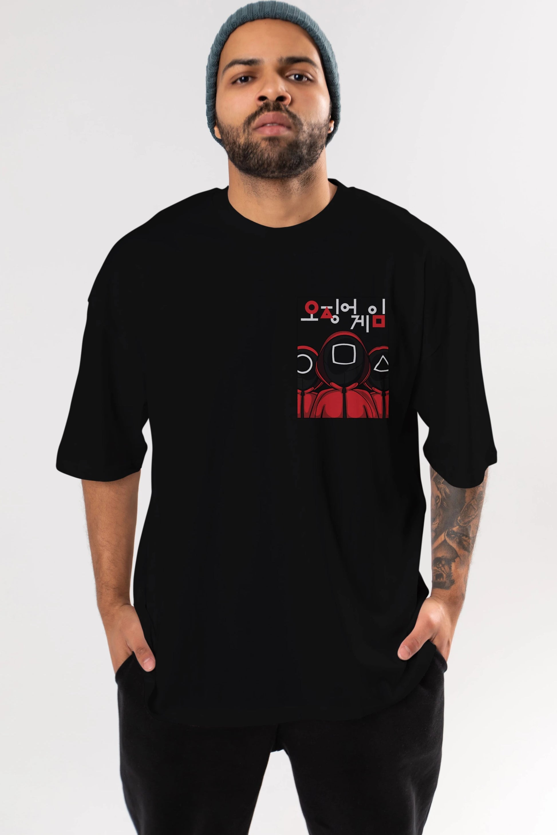 Squid Game (7) Ön Sol Baskılı Oversize t-shirt Erkek Kadın Unisex %100 Pamuk Bisiklet Yaka tişort