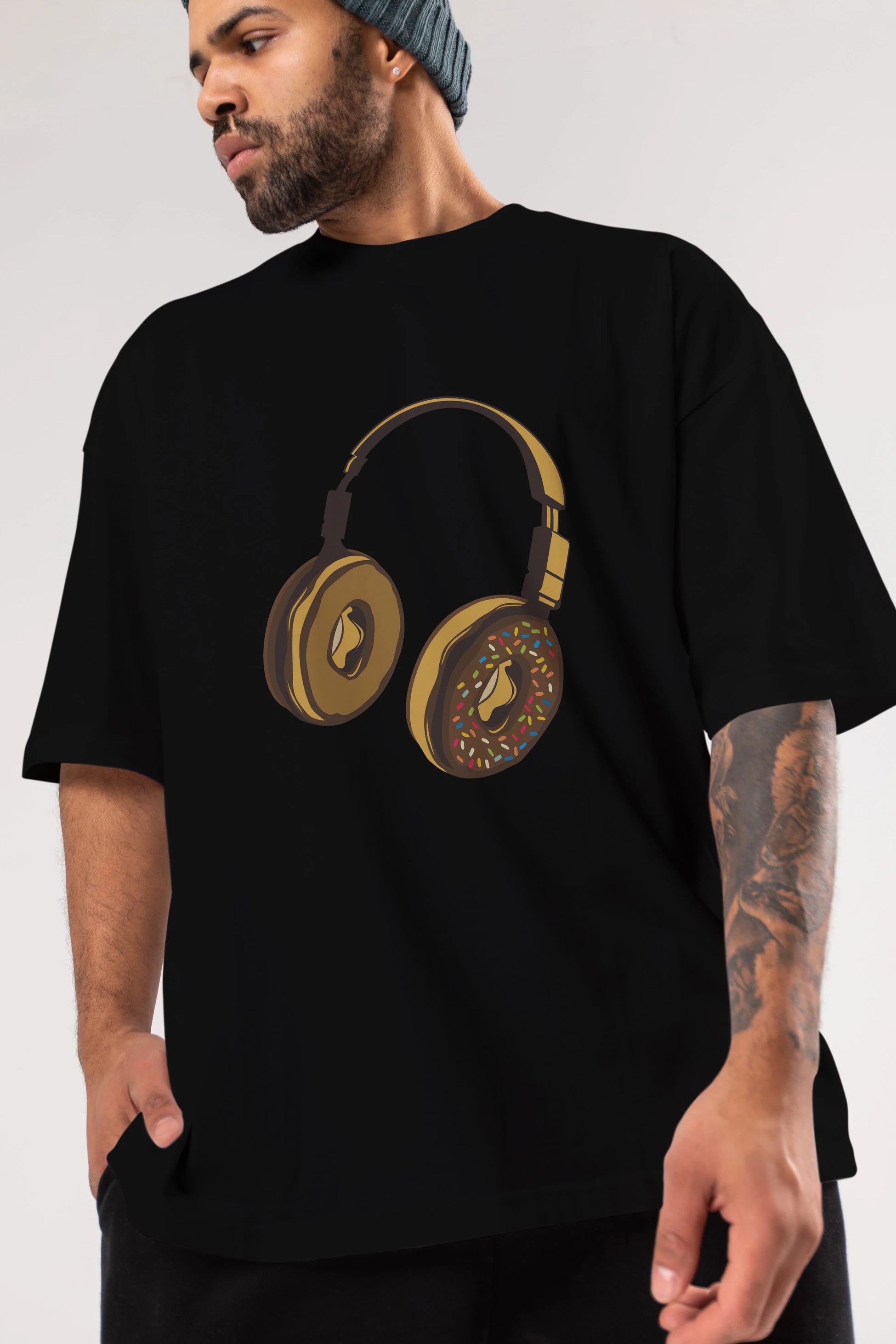 Headphone Donut Ön Baskılı Oversize t-shirt %100 pamuk Erkek Kadın Unisex