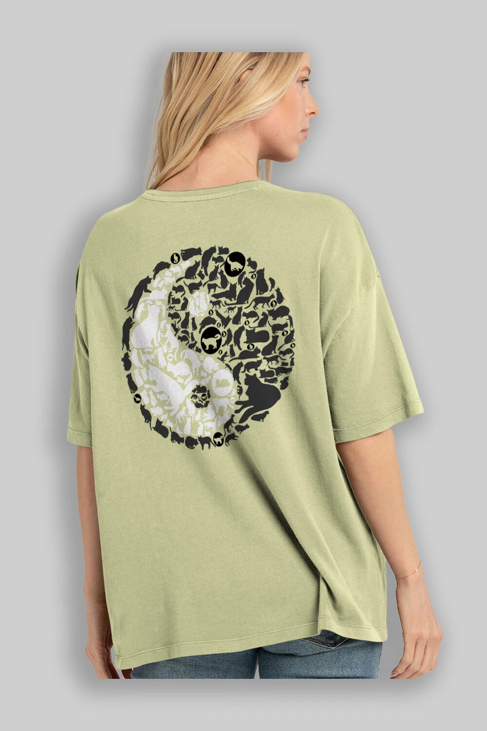 YinYang Cats Arka Baskılı Oversize t-shirt %100 pamuk Erkek Kadın Unisex