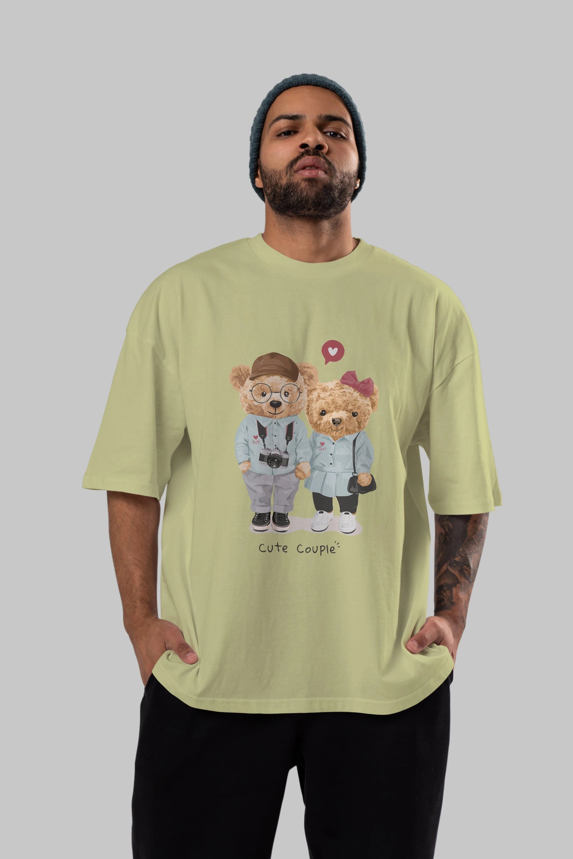 Teddy Bear Cute Couple Ön Baskılı Oversize t-shirt Erkek Kadın Unisex %100 Pamuk