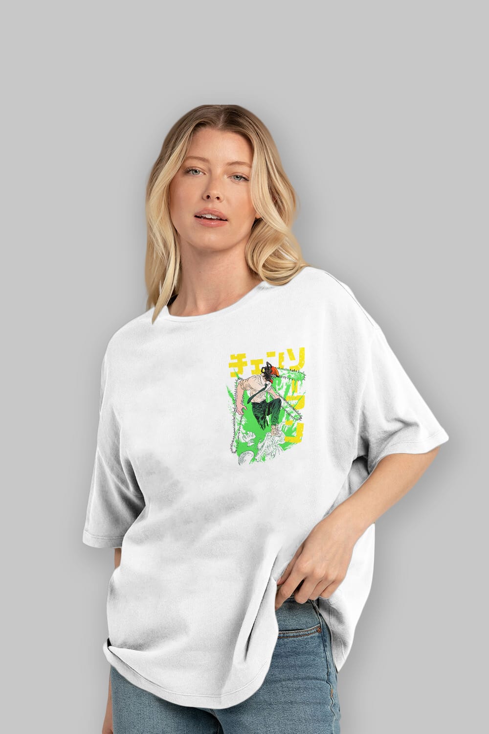 CHAINSAWMAN DENJI Ön Sol Baskılı Oversize t-shirt Erkek Kadın Unisex %100 Pamuk Bisiklet Yaka tişort