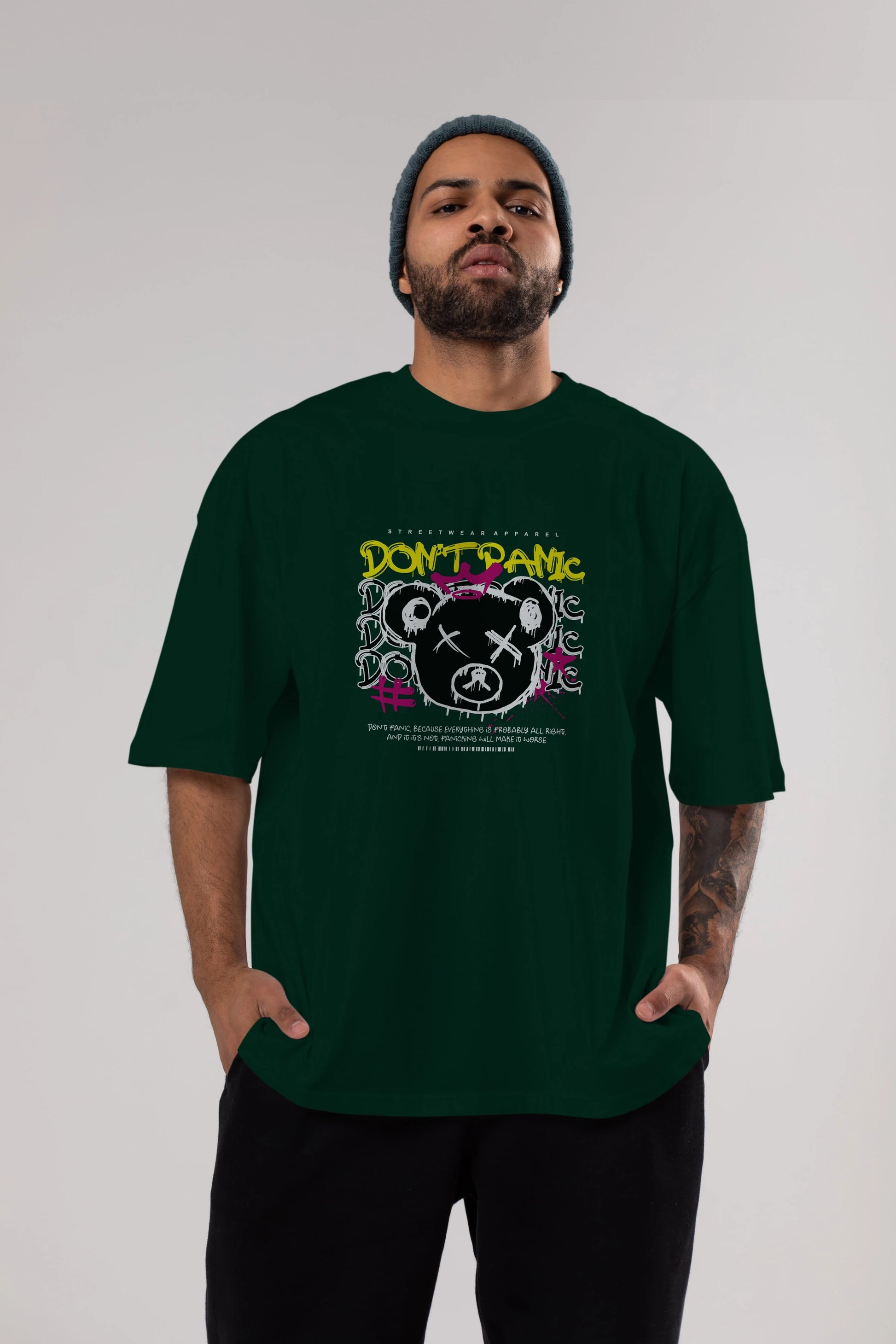 Teddy Bear Dont Panic Ön Baskılı Oversize t-shirt Erkek Kadın Unisex