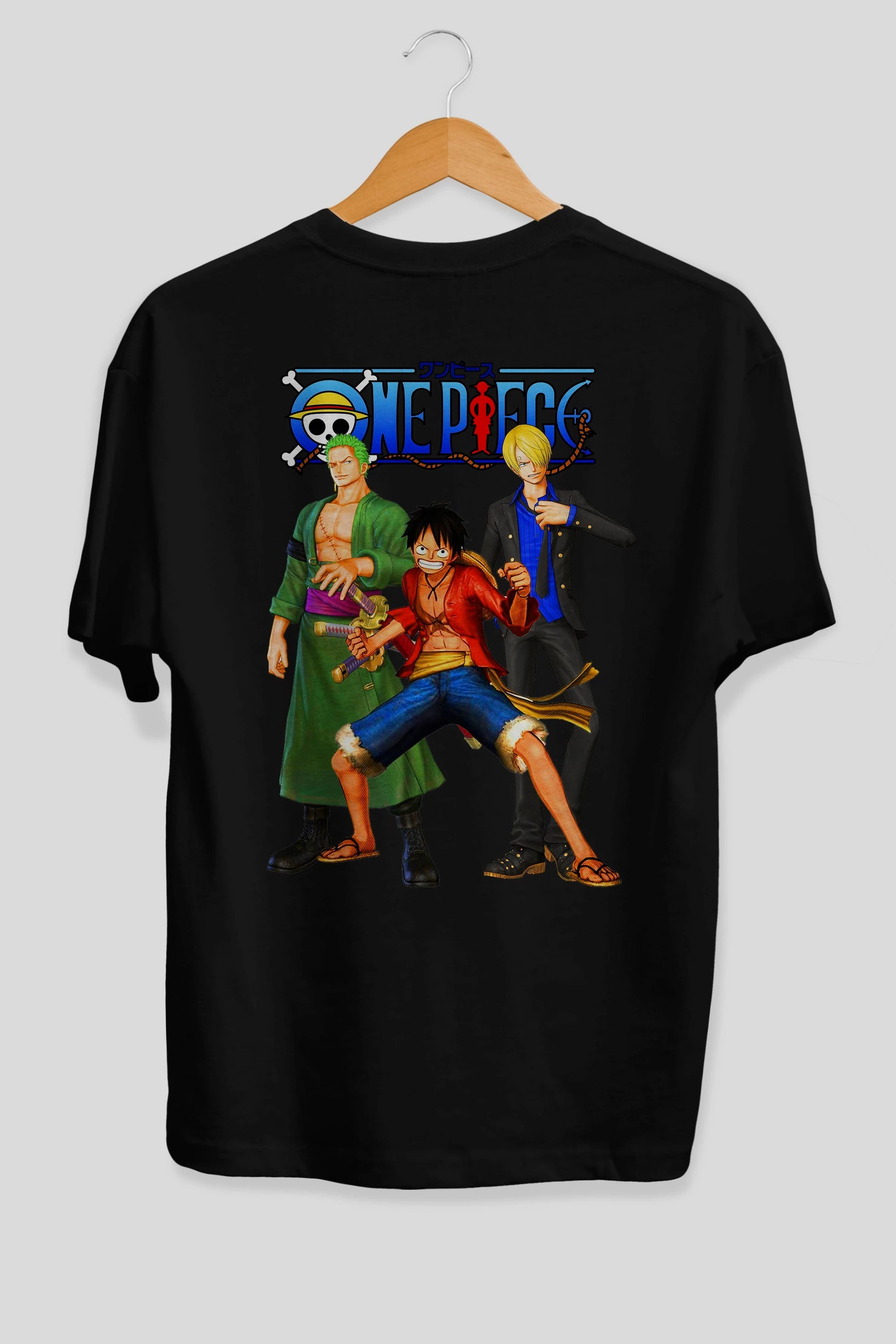 Luffy Sanji Zoro Anime Arka Baskılı Oversize t-shirt Erkek Kadın Unisex %100 pamuk tişort