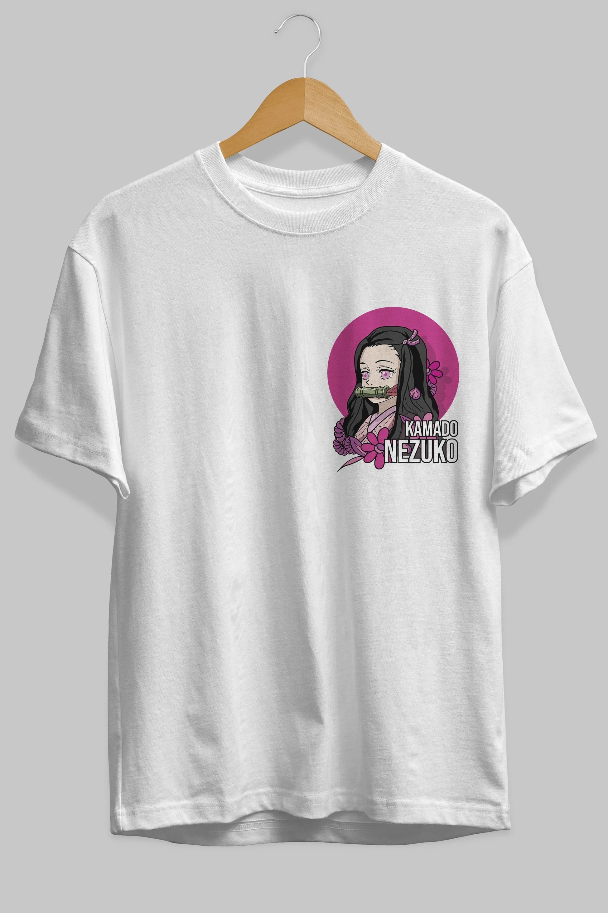 Nezuko Kamado 2 Ön Sol Baskılı Oversize t-shirt Erkek Kadın Unisex %100 Pamuk Bisiklet Yaka tişort