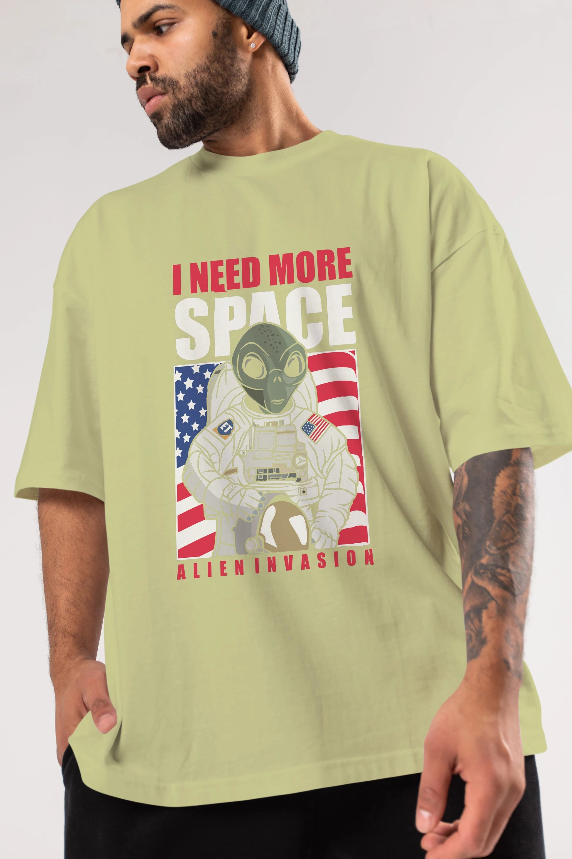 Alien Astronaut Ön Baskılı Oversize t-shirt Erkek Kadın Unisex %100 Pamuk tişort
