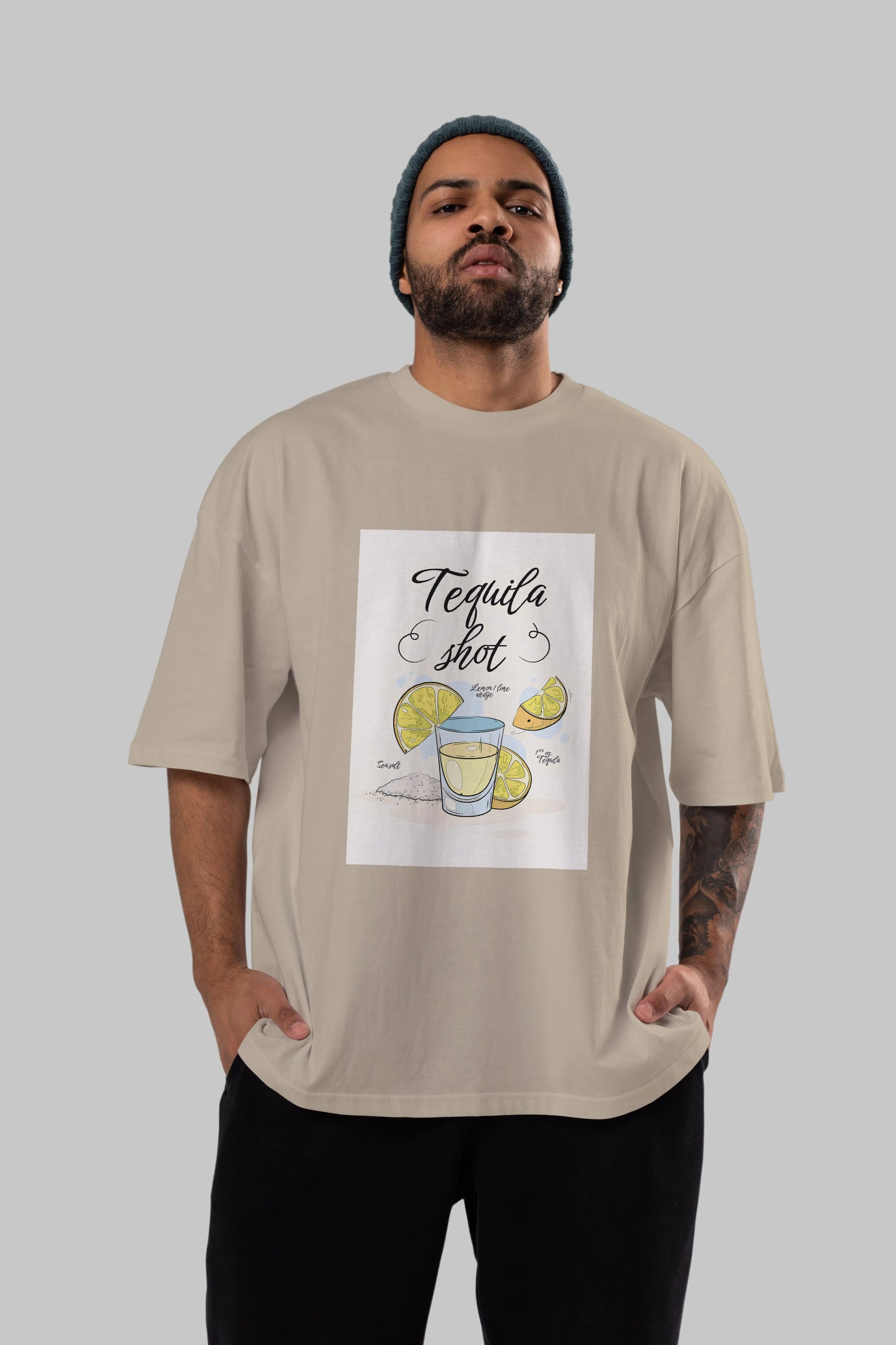Tequila Shot Ön Baskılı Oversize t-shirt Erkek Kadın Unisex %100 Pamuk Bisiklet Yaka tişort