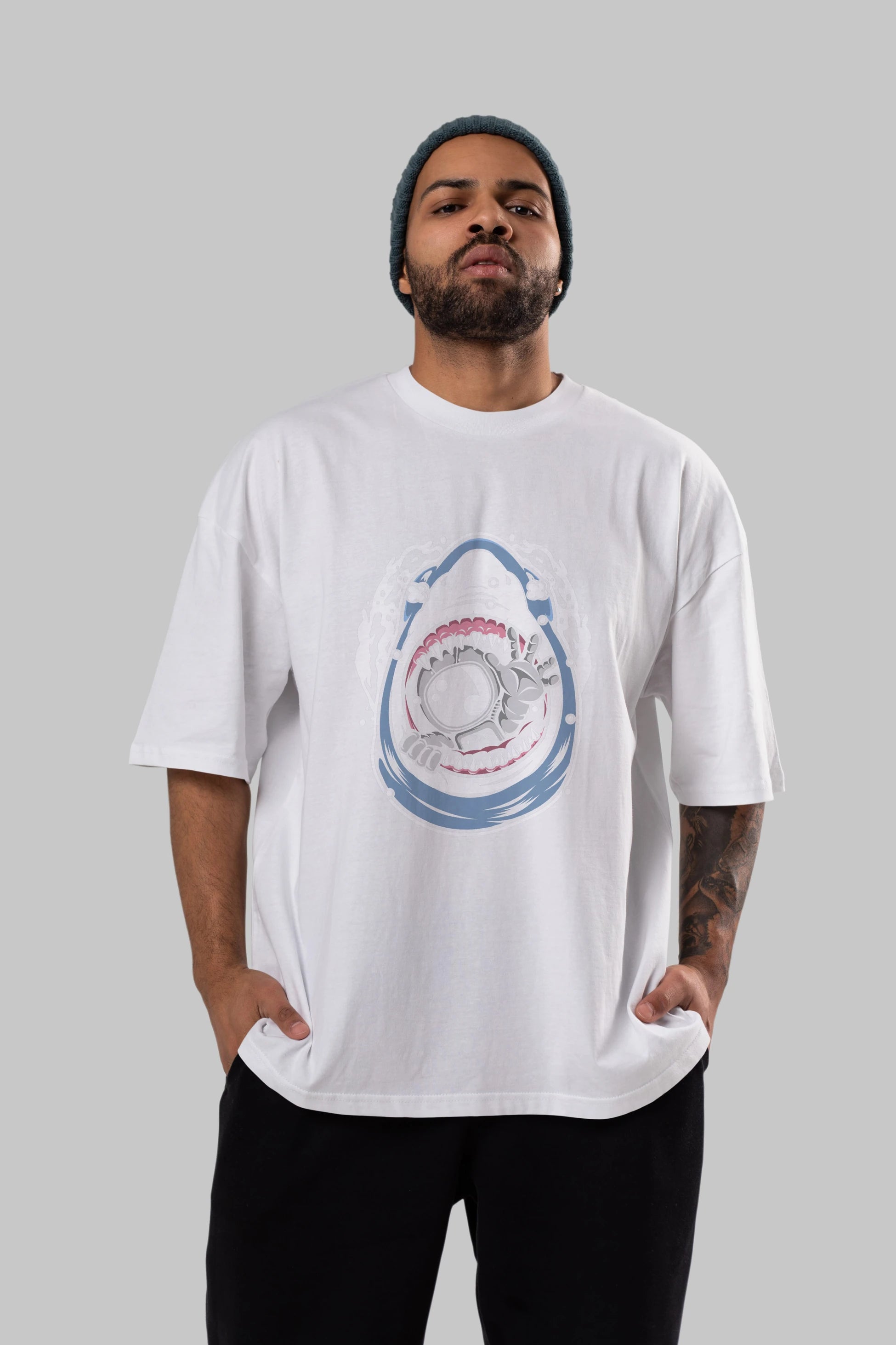 Astronaut Shark Ön Baskılı Oversize t-shirt Erkek Kadın Unisex