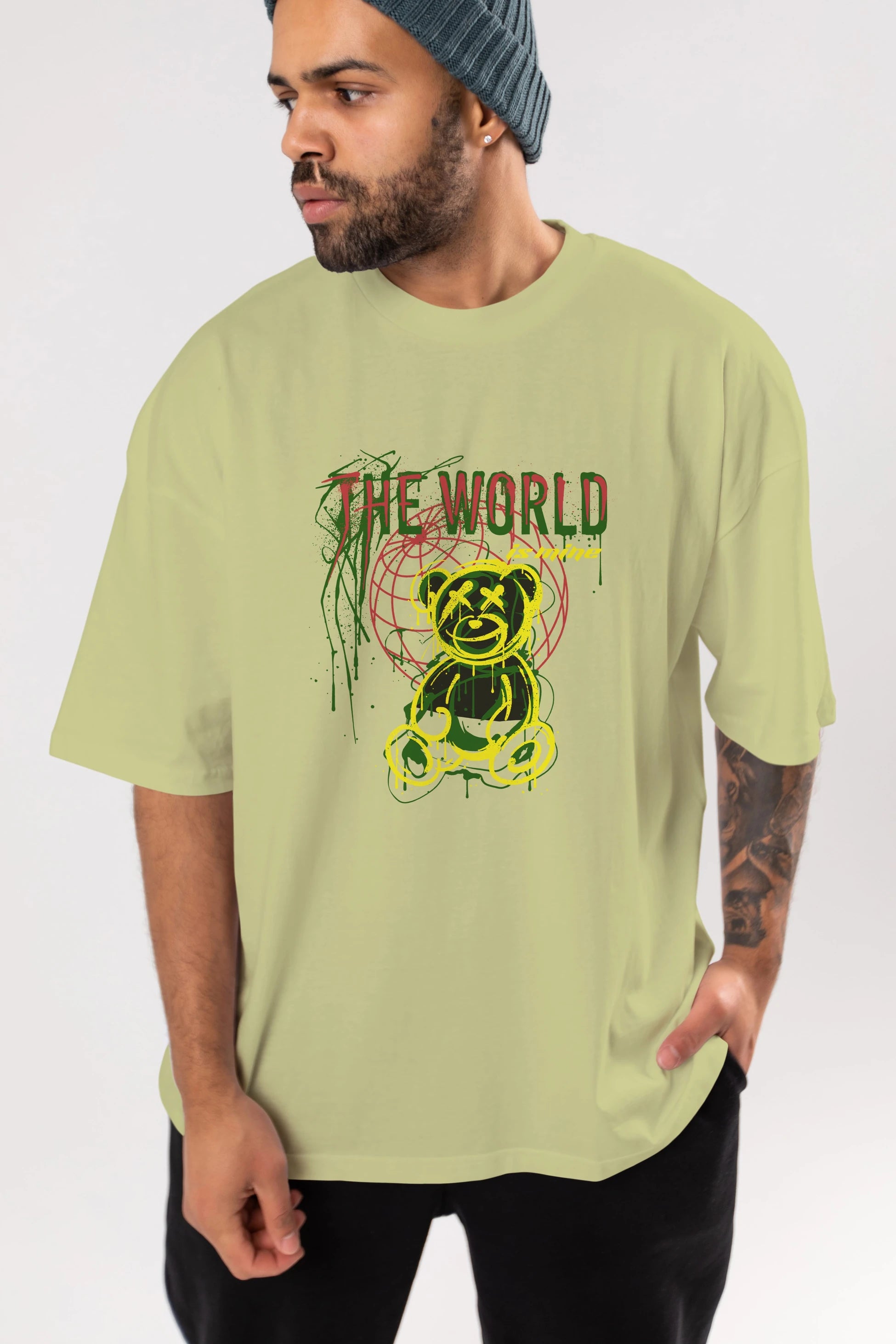 The World is Mine Bear Ön Baskılı Oversize t-shirt Erkek Kadın Unisex