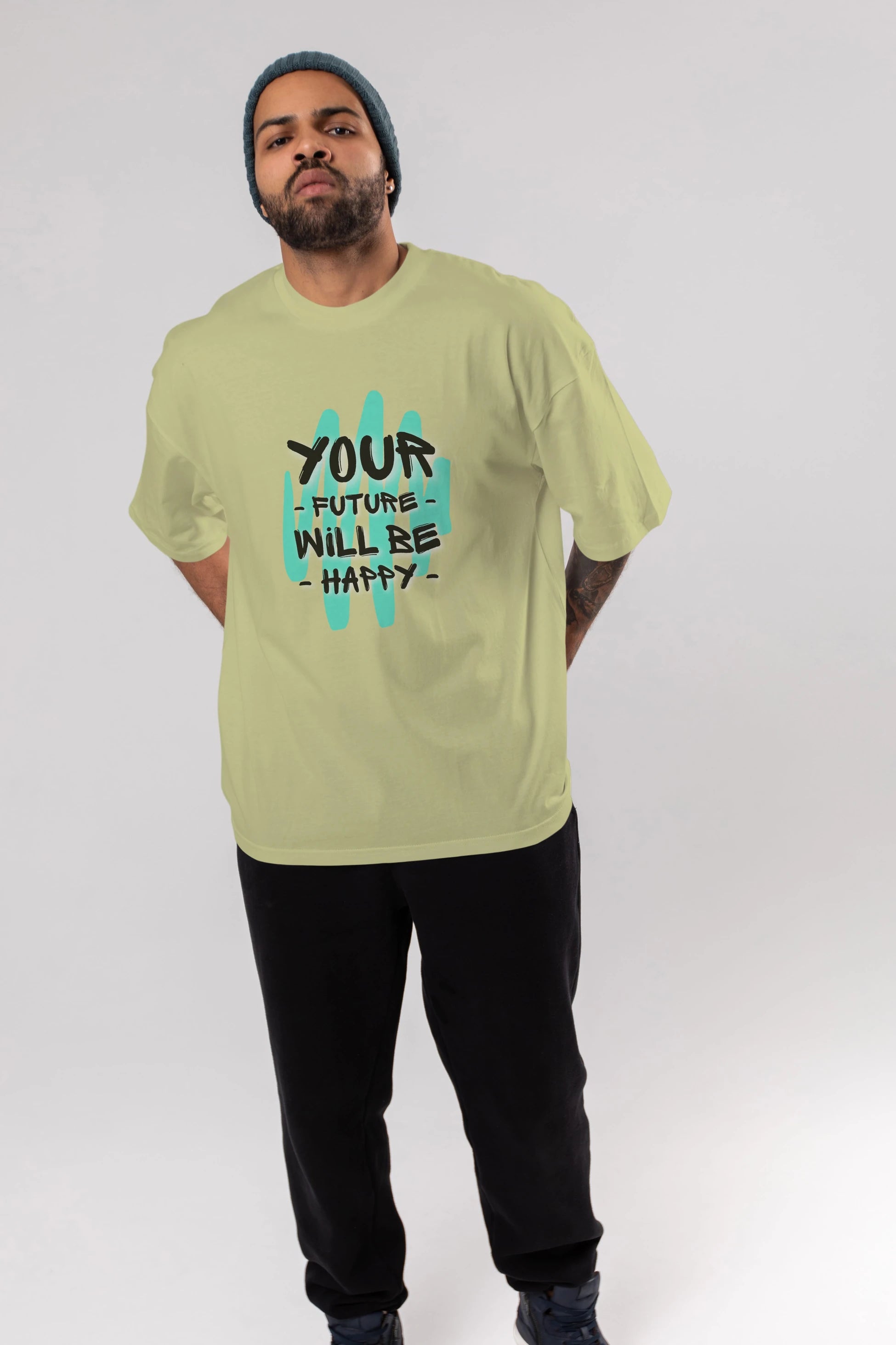 Your Future Will be Happy Yazılı Ön Baskılı Oversize t-shirt Erkek Kadın Unisex