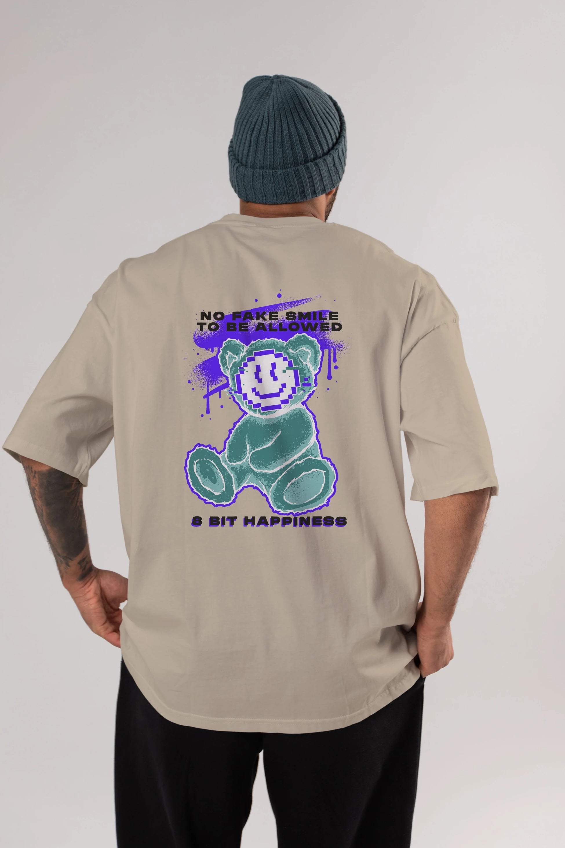 No Fake Smile Bear Arka Baskılı Oversize t-shirt Erkek Kadın Unisex