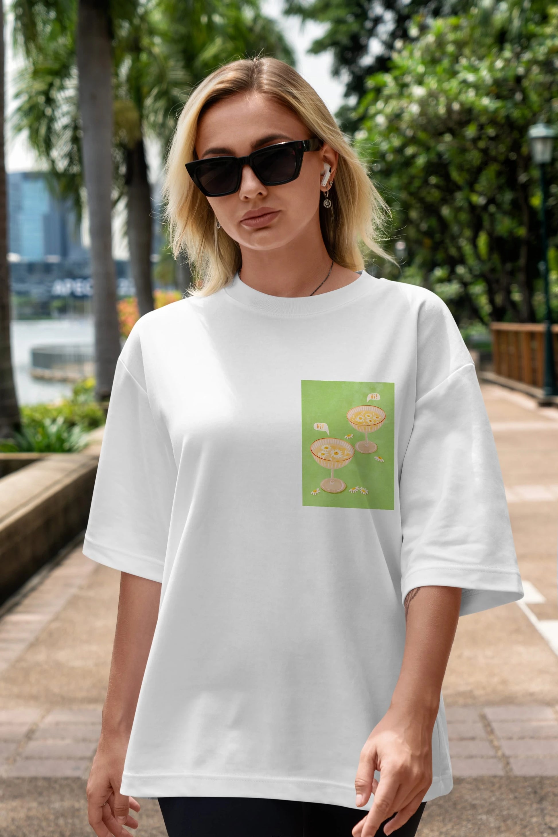 Hi Cheers Ön Sol Baskılı Oversize t-shirt Erkek Kadın Unisex %100 Pamuk Bisiklet Yaka tişort