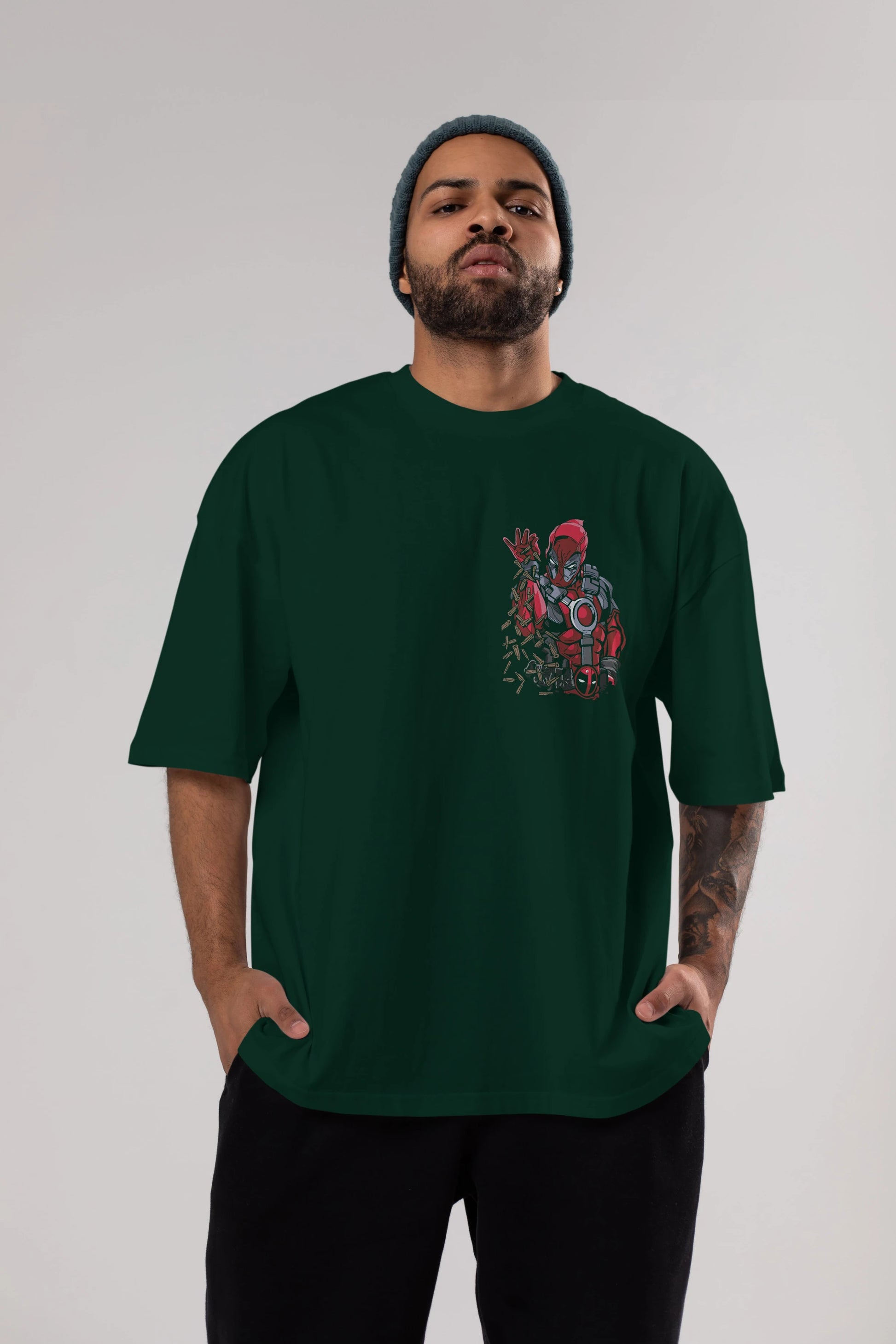 Deadpool (2) Ön Sol Baskılı Oversize t-shirt Erkek Kadın Unisex %100 Pamuk Bisiklet Yaka tişort