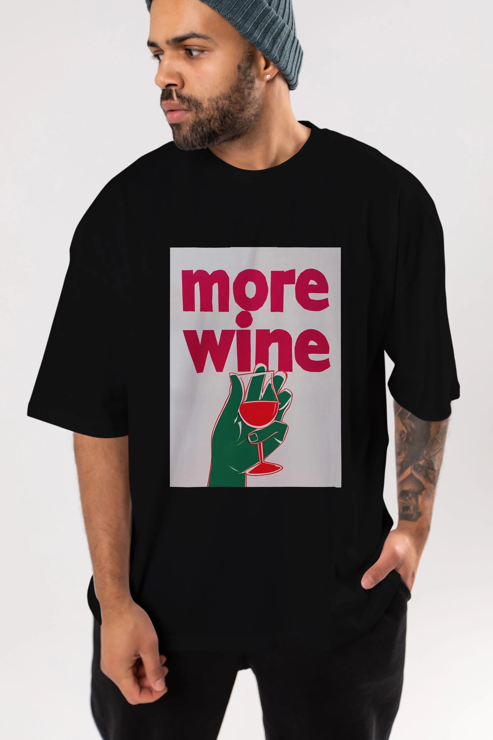 More Wine 3 Ön Baskılı Oversize t-shirt Erkek Kadın Unisex %100 Pamuk Bisiklet Yaka tişort